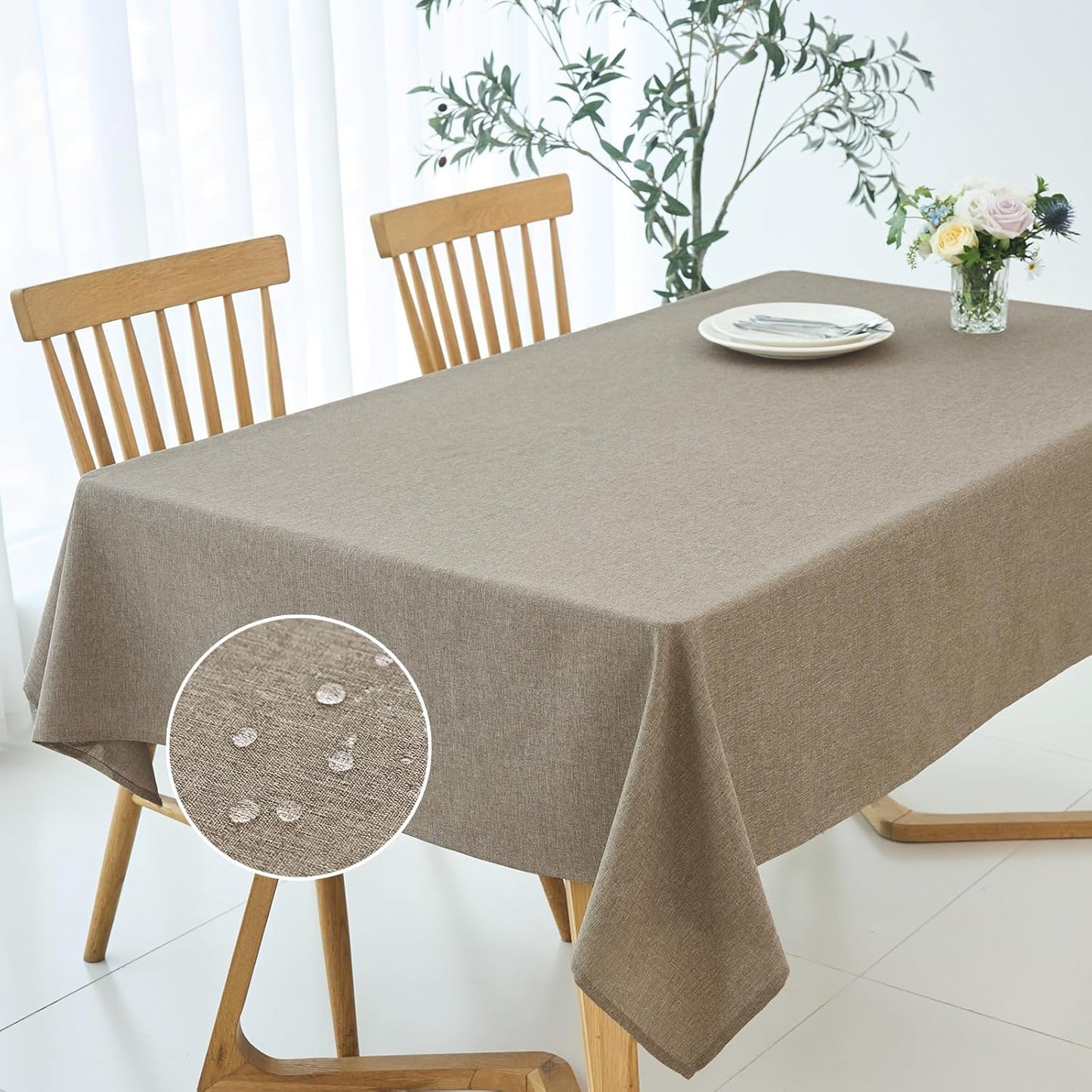 maxmill Linen Textured Rectangular Tablecloth Water Resistant Wrinkle Free Spill-Proof Stain Proof Table Cloth for Dining Room Decoration, Banquet Party Wedding Holiday Dinner, 60 x 84 Inch, Mocha