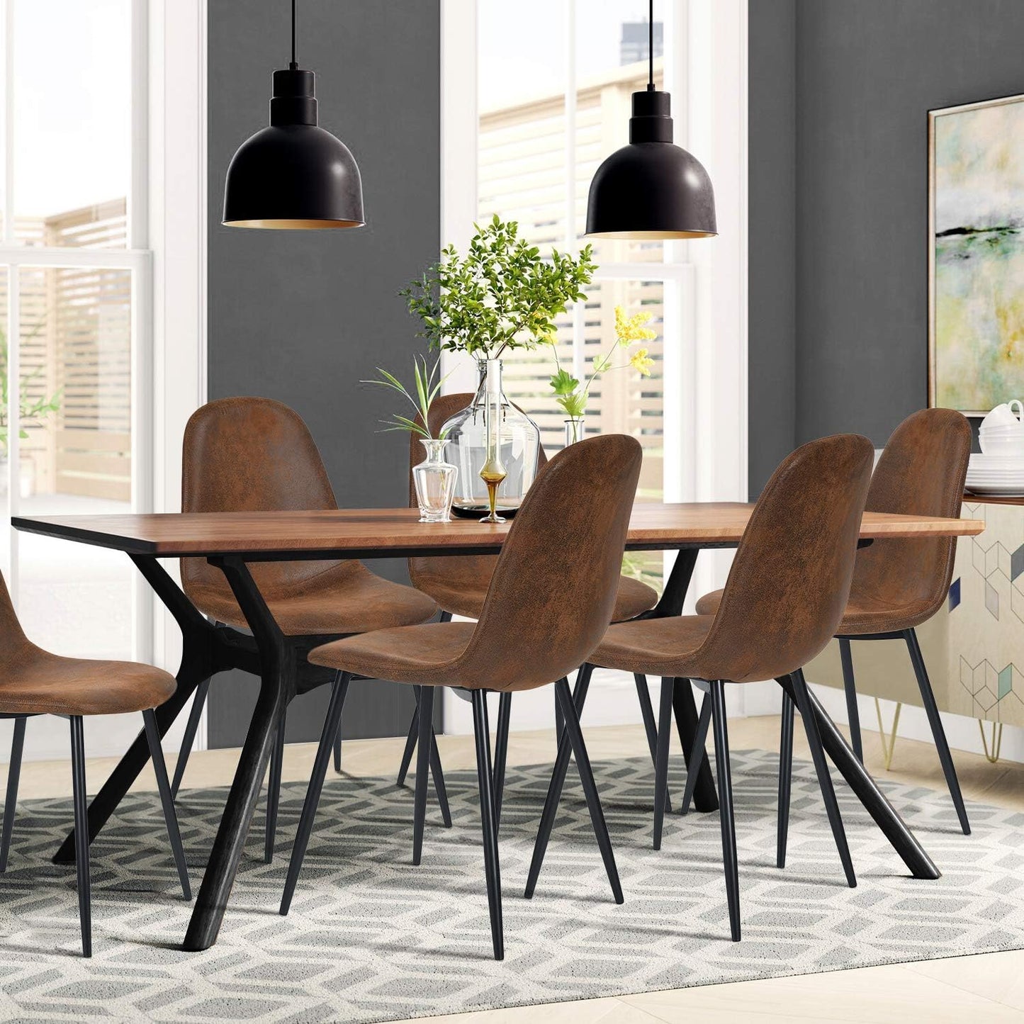 Homy Casa Dining Chairs Set of 8, Modern Mid-Century Style Dining Room Side Chairs Accent Chairs with Black Metal Legs Comfortable for Kitchen Lounge Farmhouse, Rustic Brown, 8PCS