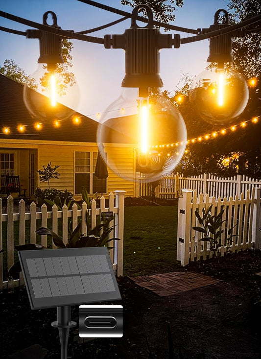 Solar String Lights Outdoor Waterproof 50FT with USB Port and 27 Shatterproof G40 Bulbs(2 Spare), LED Solar Powered Patio Lights for Outside, Porch, Backyard, Bistro, Garden, Market - 2200K