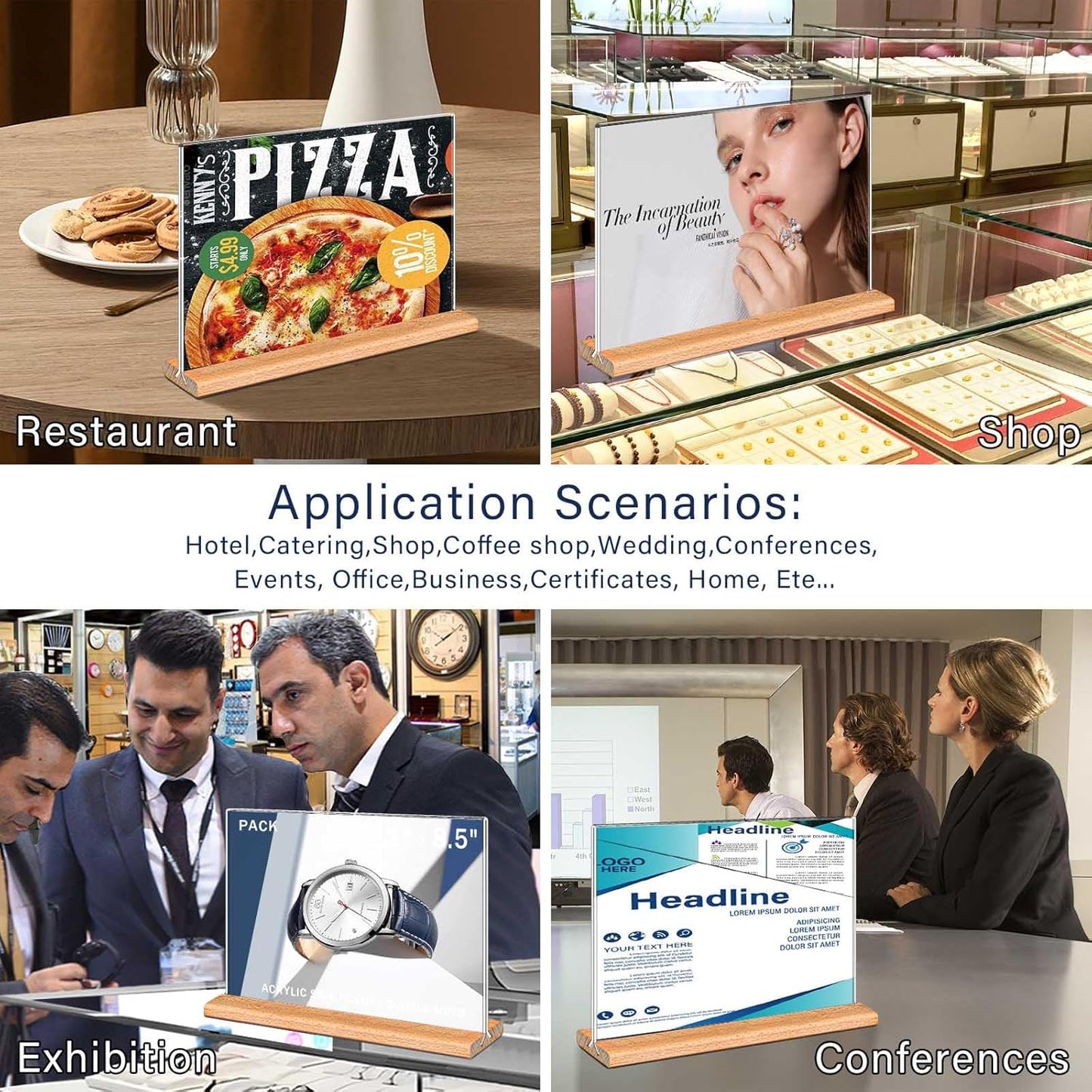 Kersally Acrylic Sign Holder 11 x 8.5'', 3 Pack Double-Sided Clear Table Display Stands with Wood Base,Horizontal Acrylic Frame Menu Flyer Paper Holder for Store, Restaurant, Hotel, Office, Show Fair