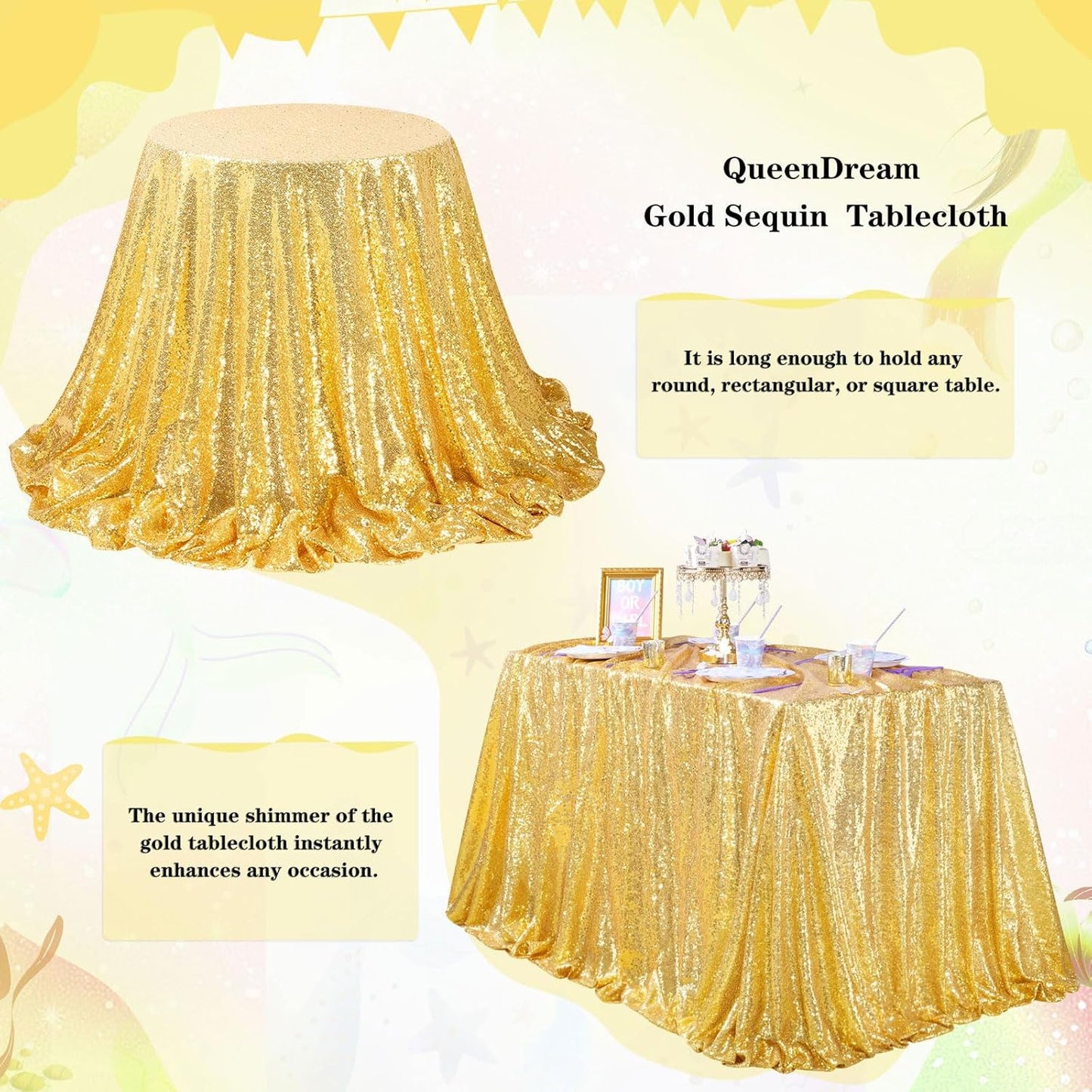 QueenDream Glitter Gold Tablecloth for Parties 90x156 Inch Sequin Fabric Rectangle Table Cloth for Wedding Birthday Banquet