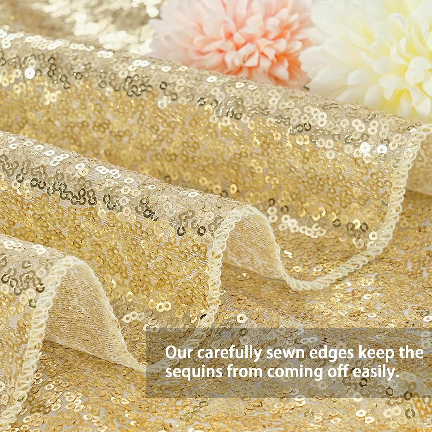 QueenDream Light Gold Sequin Decorative Party Tablecloth: Large Shimmer Dessert Table Overlay 90x132 Inch Dinner Table Drapes Cocktail Xmas Decor