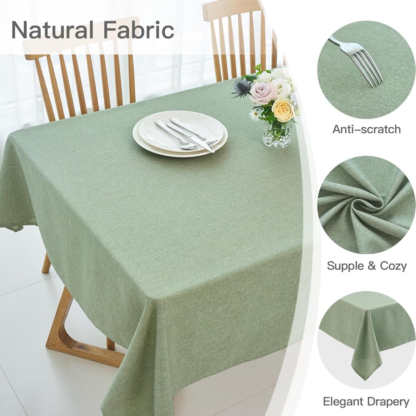 maxmill Linen Textured Rectangle Tablecloth Water Resistant Wrinkle Free Spill-Proof Stain Proof Table Cloth for Dining Room Decoration Banquet Party Wedding Holiday Dinner, 52 x 84 Inch Sage Green