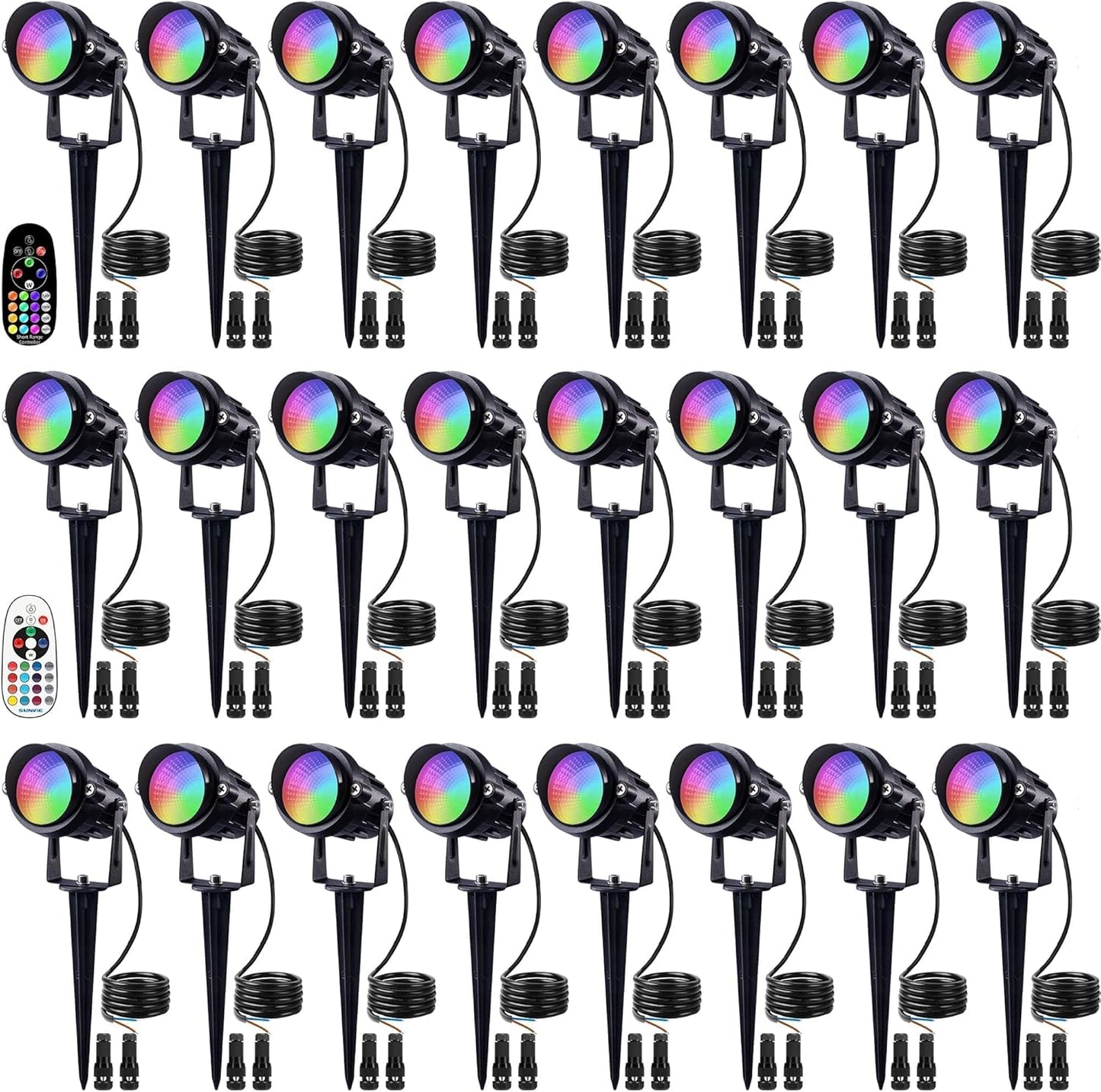 SUNVIE 24 Pack Halloween RGBW Low Voltage Landscape Lights 12W LED Color Changing Landscape Lighting with Remote Control and Wire Connectors, AC/DC 12V-24V Waterproof Outdoor Spotlight for Yard Garden