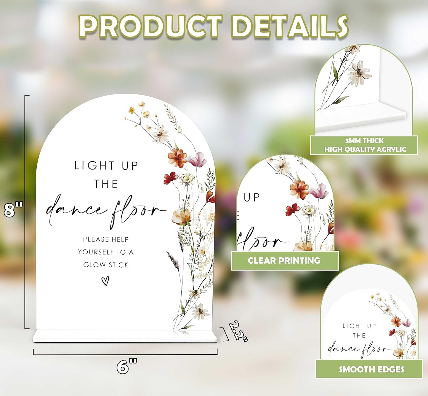 Boho Floral Glow Stick Sign, 6 x 8 Inch White Arch Acrylic Wedding Sign with Holder, Wedding Sign for Ceremony and Reception, Wedding Decoration, Wedding Supplies - BX22