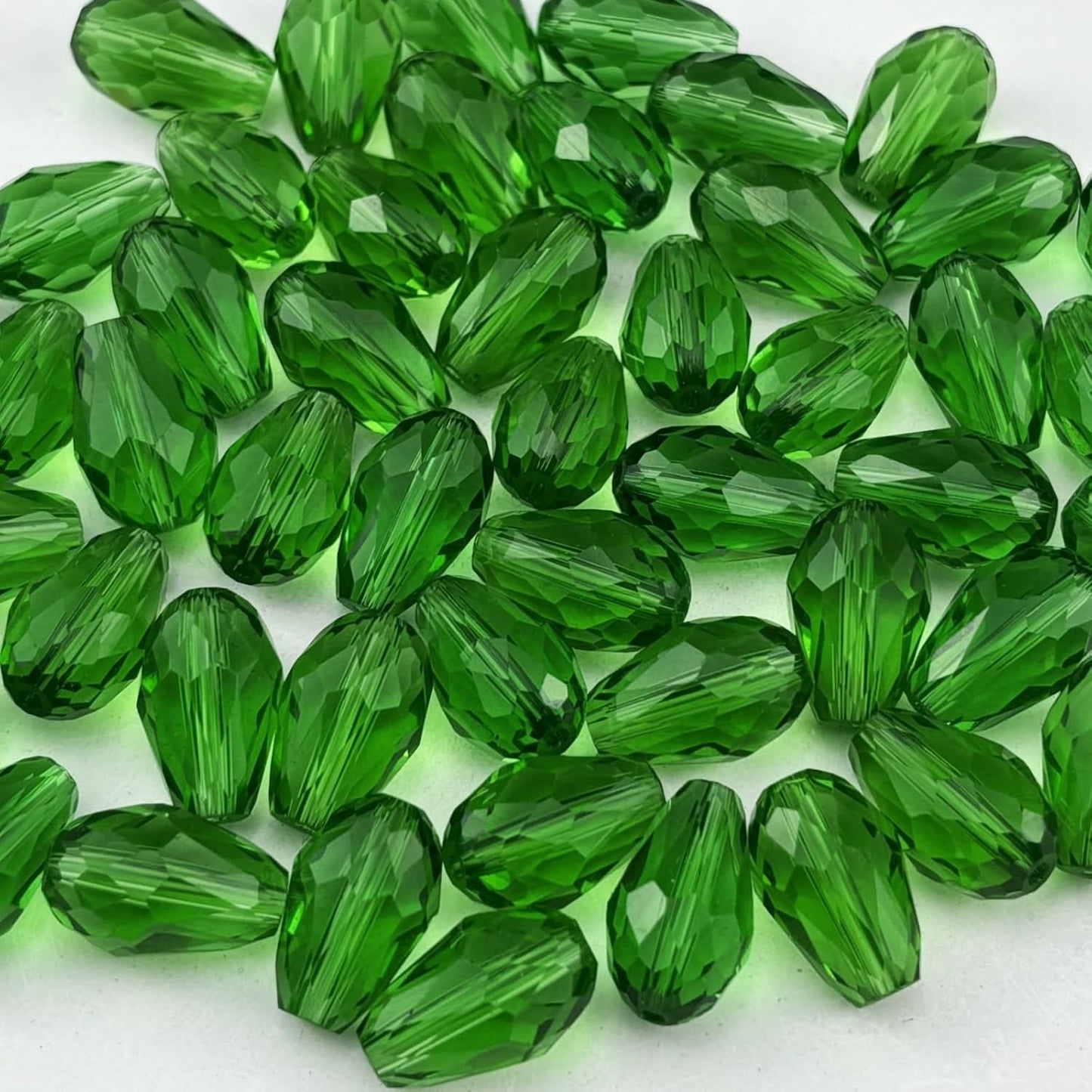 50pcs 10x15mm Teardrop Crystal Glass Beads for Jewelry Making, Faceted Vertical Hole Teardrop Glass Spacer Beads for Wind Chimes Bracelet Earring Necklace DIY Craft(Grass Green)
