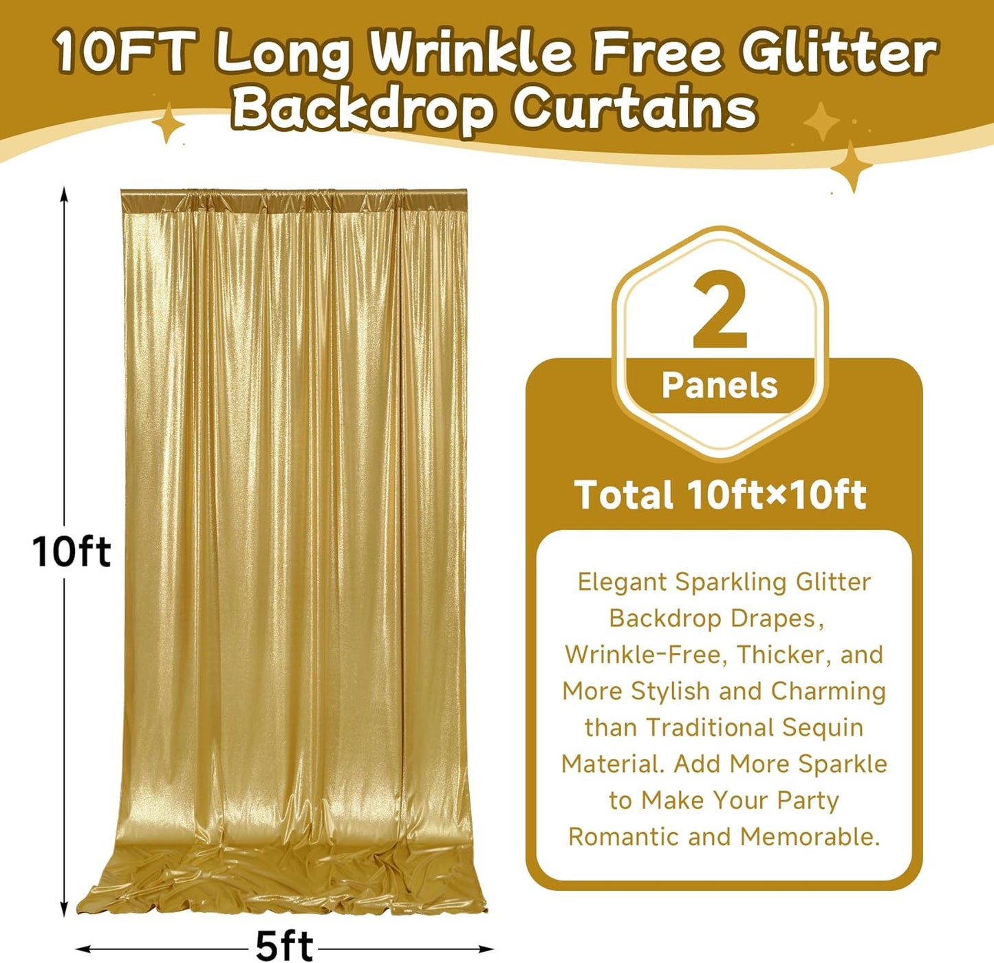 10ftx10ft Thick Gold Glitter Backdrop Curtain Panels for Parties, Wrinkle Free Sequin Sparking Photo Backdrop Drapes, 2 Panels 5x10ft Shimmer Back Drop Cloth for Wedding Birthday Photography