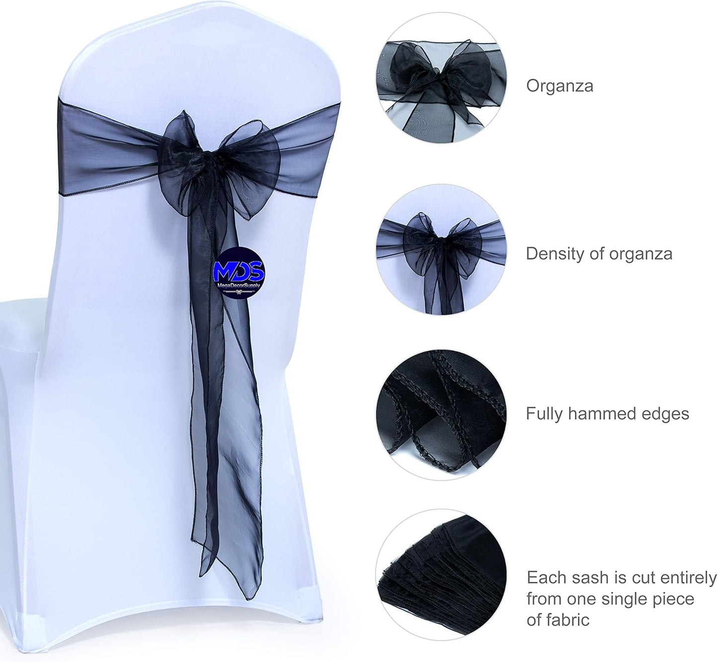 MDS Pack of 100 PCS Organza Chair Sashes Wider Dining Chair Bows Ribbon Tie Back for Wedding Party Birthday Bridal Shower Reception Event Banquet Home Chair Cover Decoration - Black