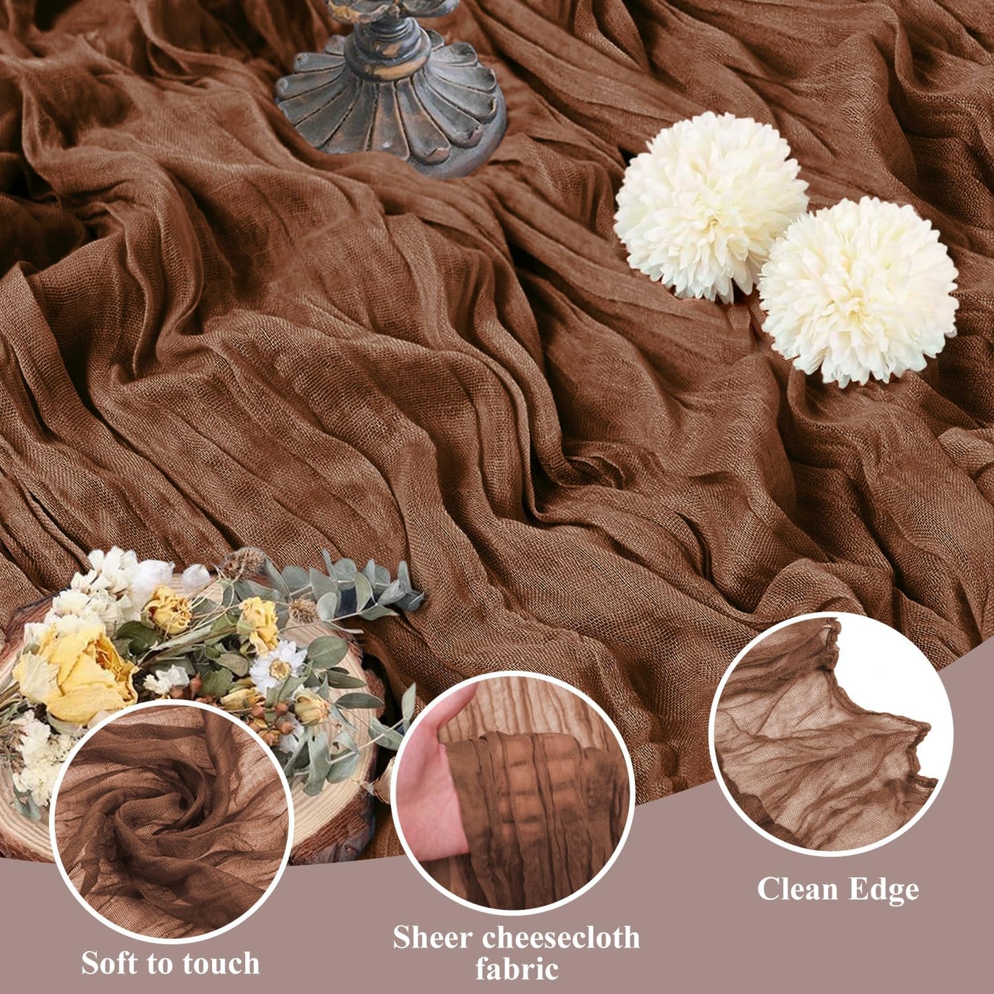 Asee'm 6pcs Cheesecloth Table Runner 120 Inches Long Brown Boho Gauze Cheese Cloth Runner 10FT Rustic Sheer Fall Table Runners for Thanksgiving Christmas Wedding Party Baby Shower Decoration