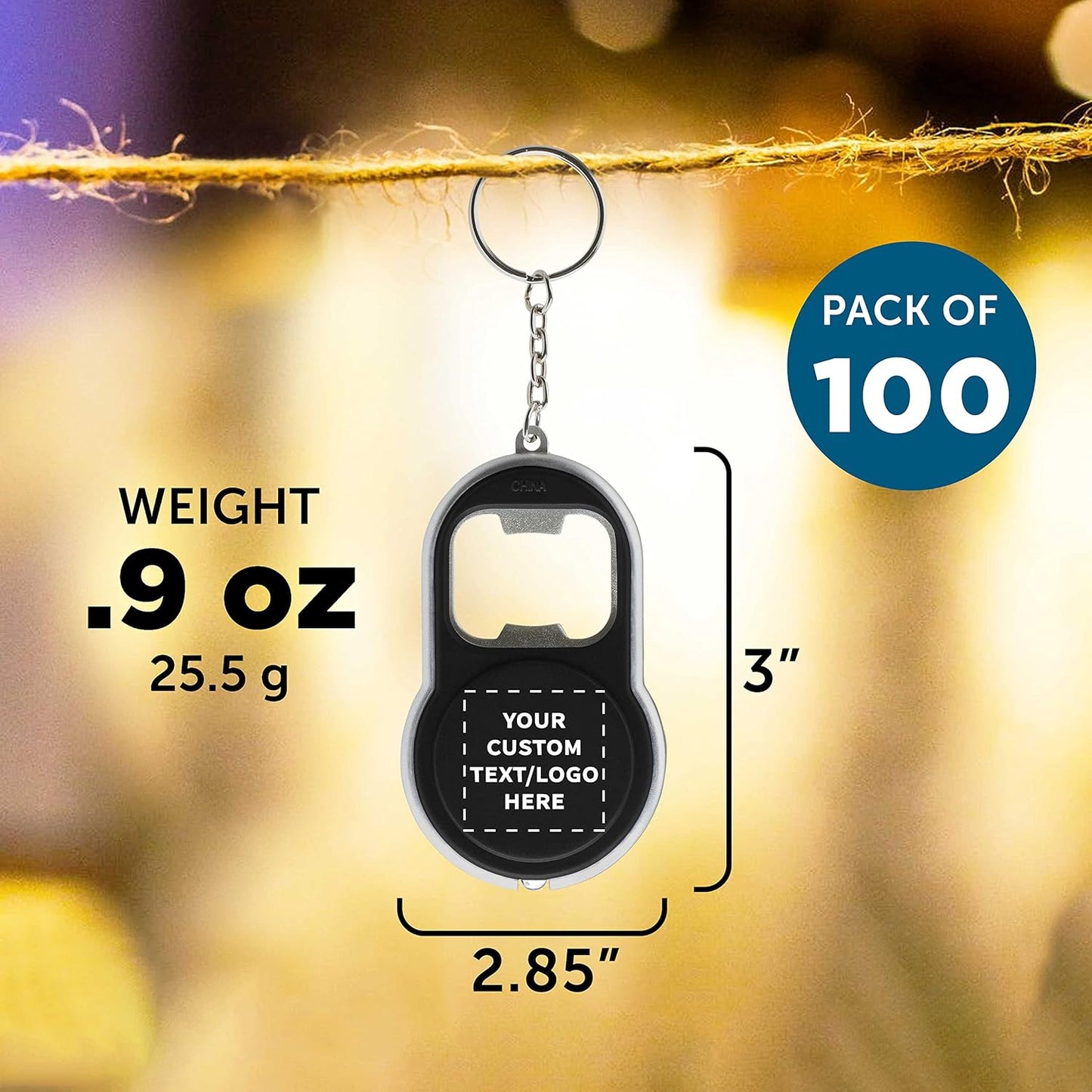 DISCOUNT PROMOS Custom Bottle Opener & LED Keychains Set of 100, Personalized Bulk Pack - Perfect for Tradeshows, Party Favors, Other Events - Black