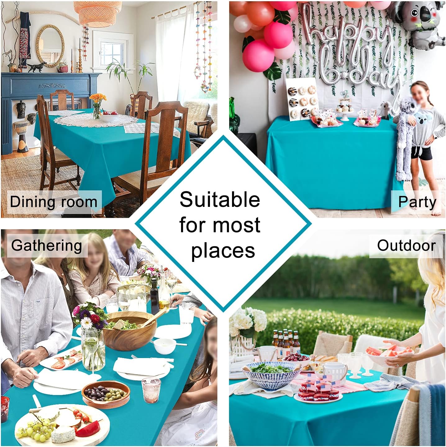 Hiasan Tablecloth for Rectangle Tables - 70 x 140 inch - Waterproof, Spillproof & Wrinkle Resistant Washable Polyester Table Cloth for Dining/Party/Outdoor Picnic, Turquoise