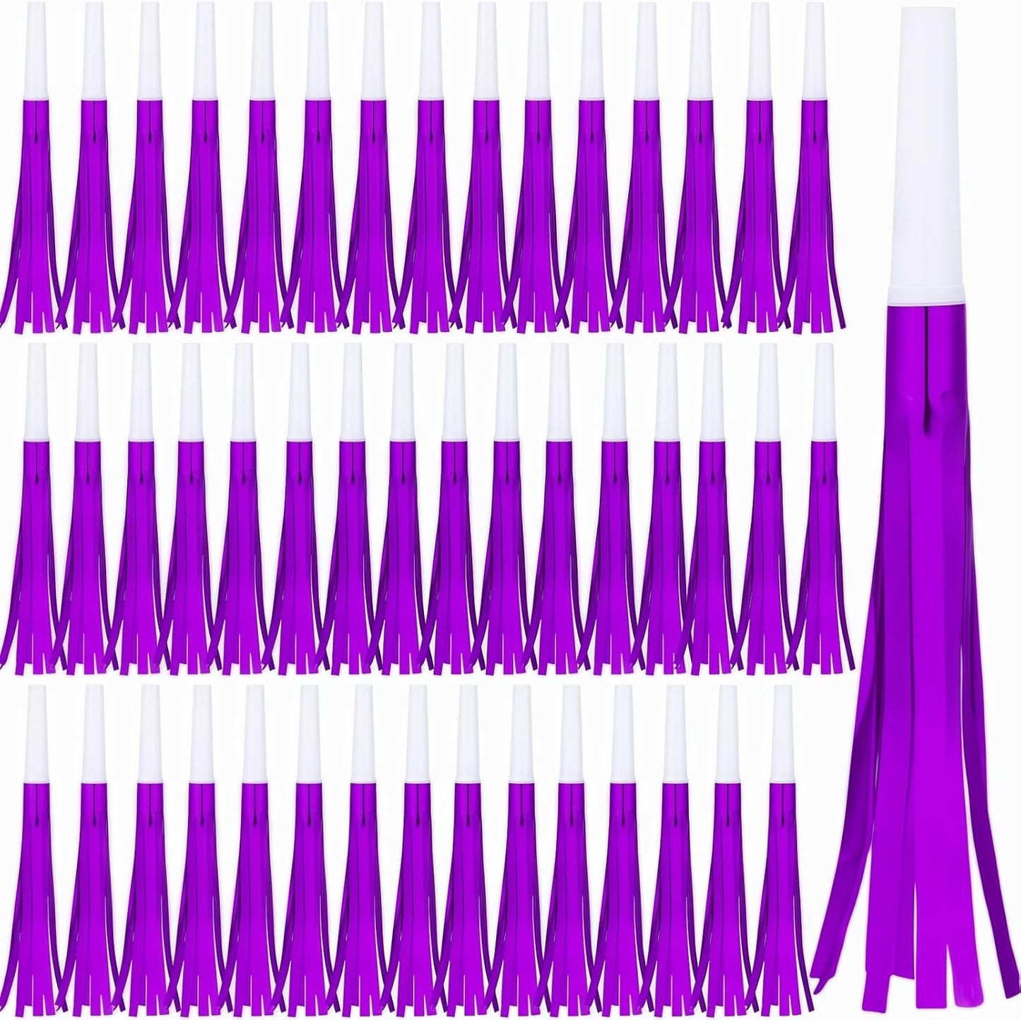 Noise Makers Party Horns, 48 Pack, Purple Metallic Glitter with Fringe, for Birthday, Wedding, New Year