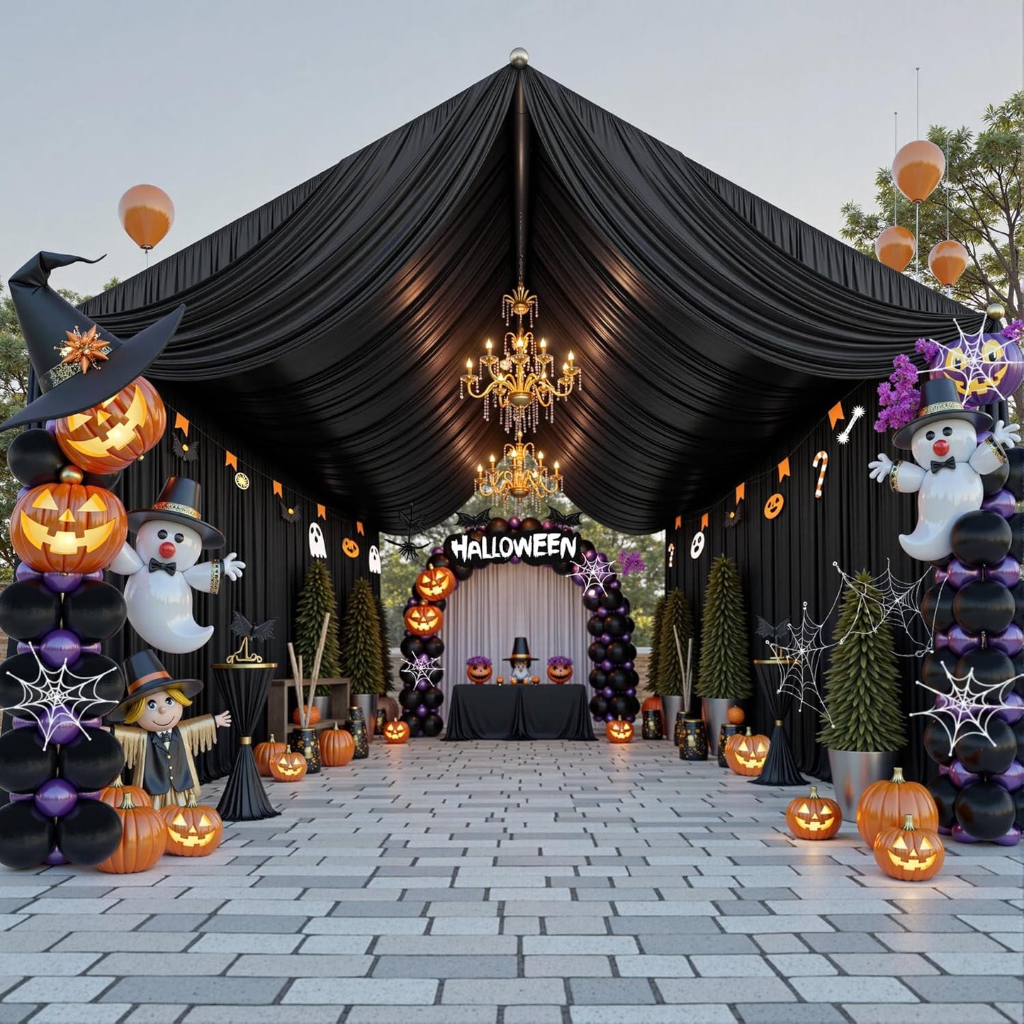 PartyVillage 60ftx40ft Black Ceiling Curtain for Halloween Parties – 12 Panels Wrinkle-Free 40 FT Long Tent Draping Curtains for Wedding, Birthday & Theme Parties, 40ft Height with Rod Pocket