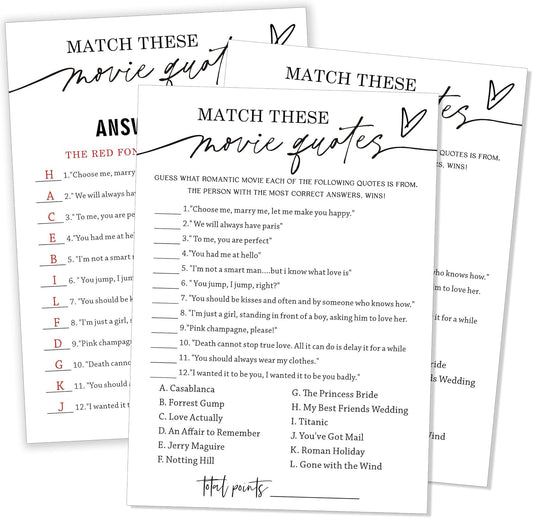 Fun Bridal Shower Games Set 25 Wedding Games Cards with 1 Answer Card Match Movie Quotes for Minimalist White Newlywed Party Entertainment Supplies - A02