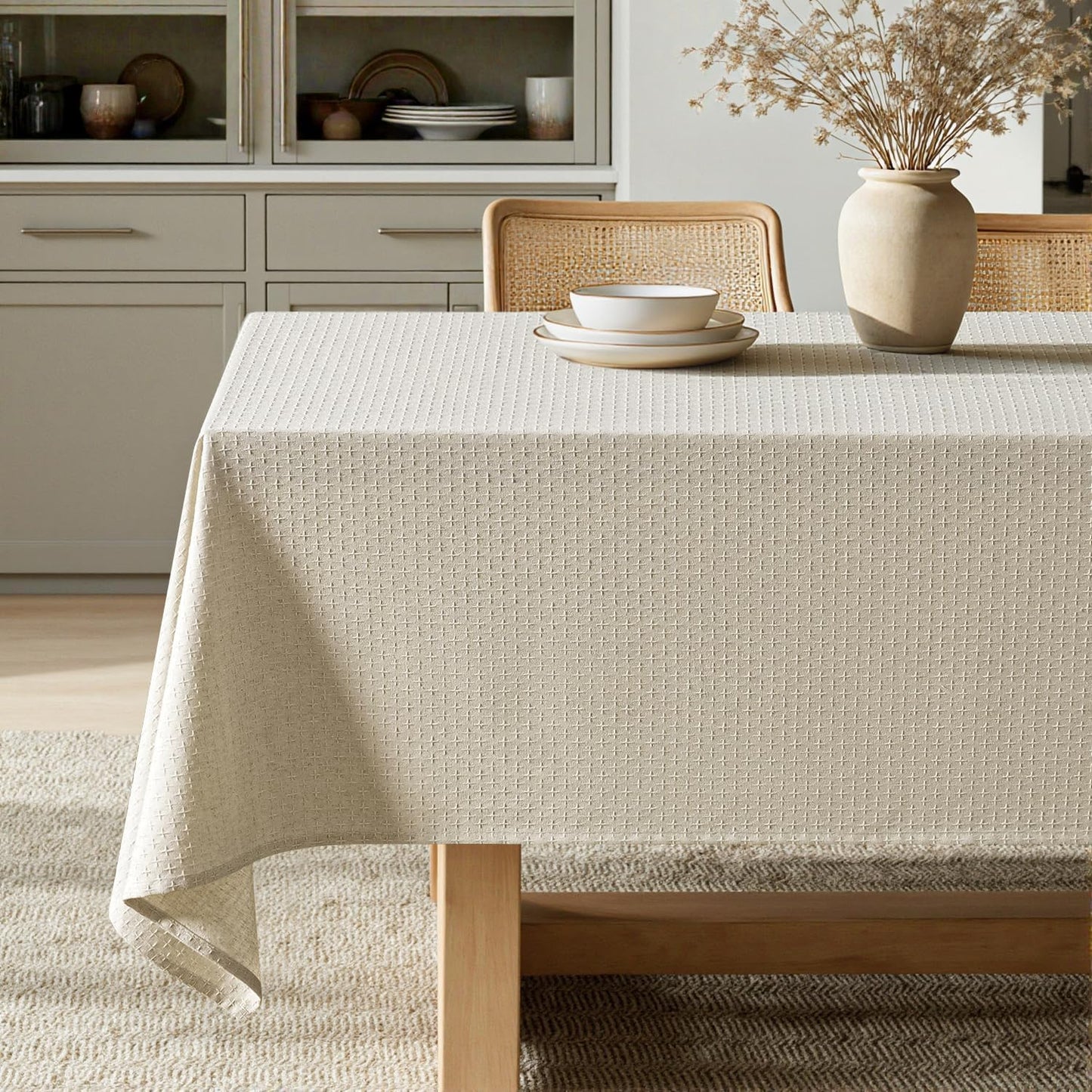 MIULEE Natural Linen Cottton Table Cloth Rectangle Tablecloth Waterproof Spillproof Cross-Star Textured Table Cltoth Decorative Farmhouse Style for Dining Party Weddings 60x84 Inch