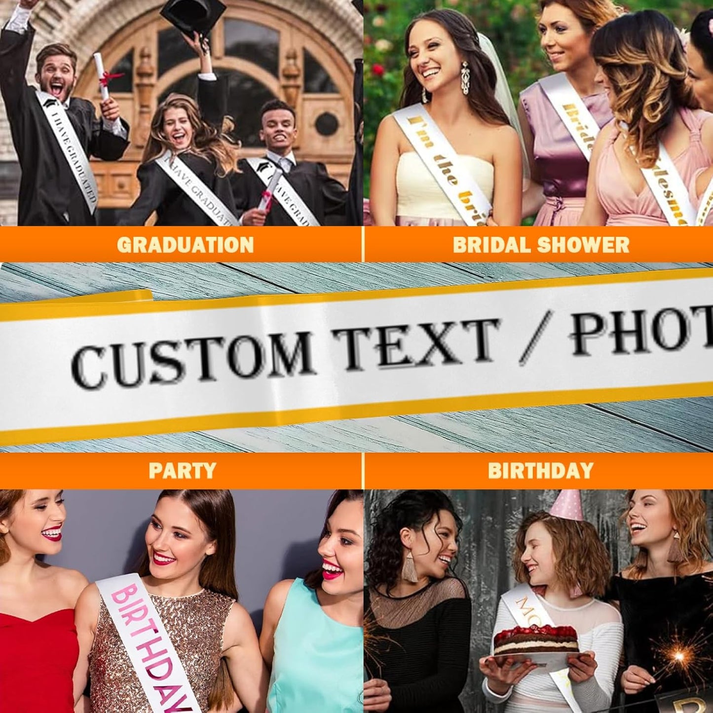 Custom Sash,Personalized Birthday Sash with Text Photo,Customized Bachelorette Sash Quote Sash Bride to Be Sash Color Optional (With decorative edge, White)