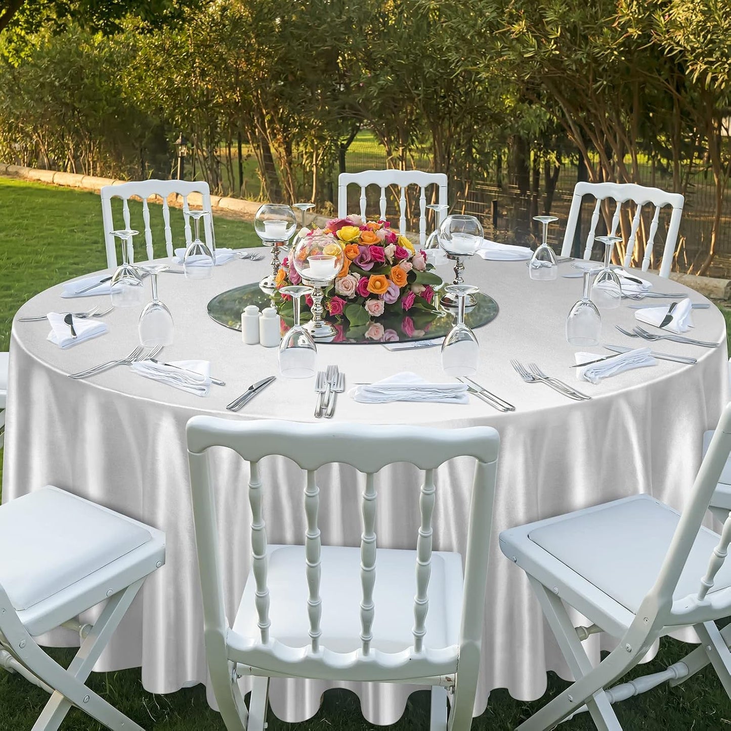 Ruisita 120 Inches Round Satin Tablecloths Silver Overlay Round Satin Table Cover Bright Silk Tablecloth Smooth Fabric Tablecloth for Wedding Banquet Table Decoration