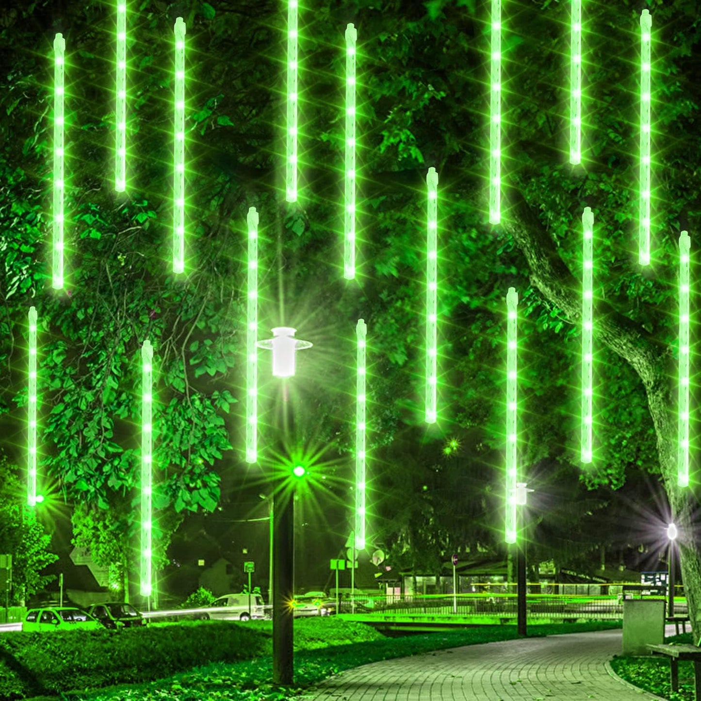 Dazzle Bright 288 LED Christmas Light, 11.8 Inch Meteor Shower Rain Lights with 8 Tubes, Waterproof Plug in Falling Rain Lights Christmas Decorations for Xmas Bushes Tree Yard Party (Green)