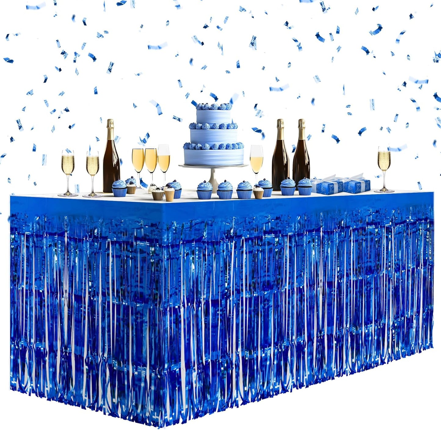 2 Pack Dark Blue Table Skirts, 29x108" Metallic Foil Tinsel Fringe Table Skirts for Rectangle Tables Streamer Curtains Backdrop, Party Decorations for Birthdays Weddings Holidays