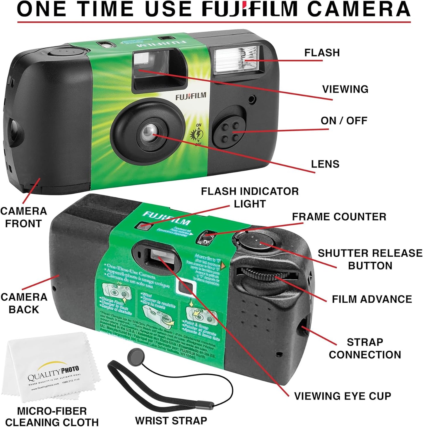 Fujifilm QuickSnap Flash 400 Disposable 35mm Camera + Hand Strap + Quality Photo Microfiber Cloth (5 Pack)
