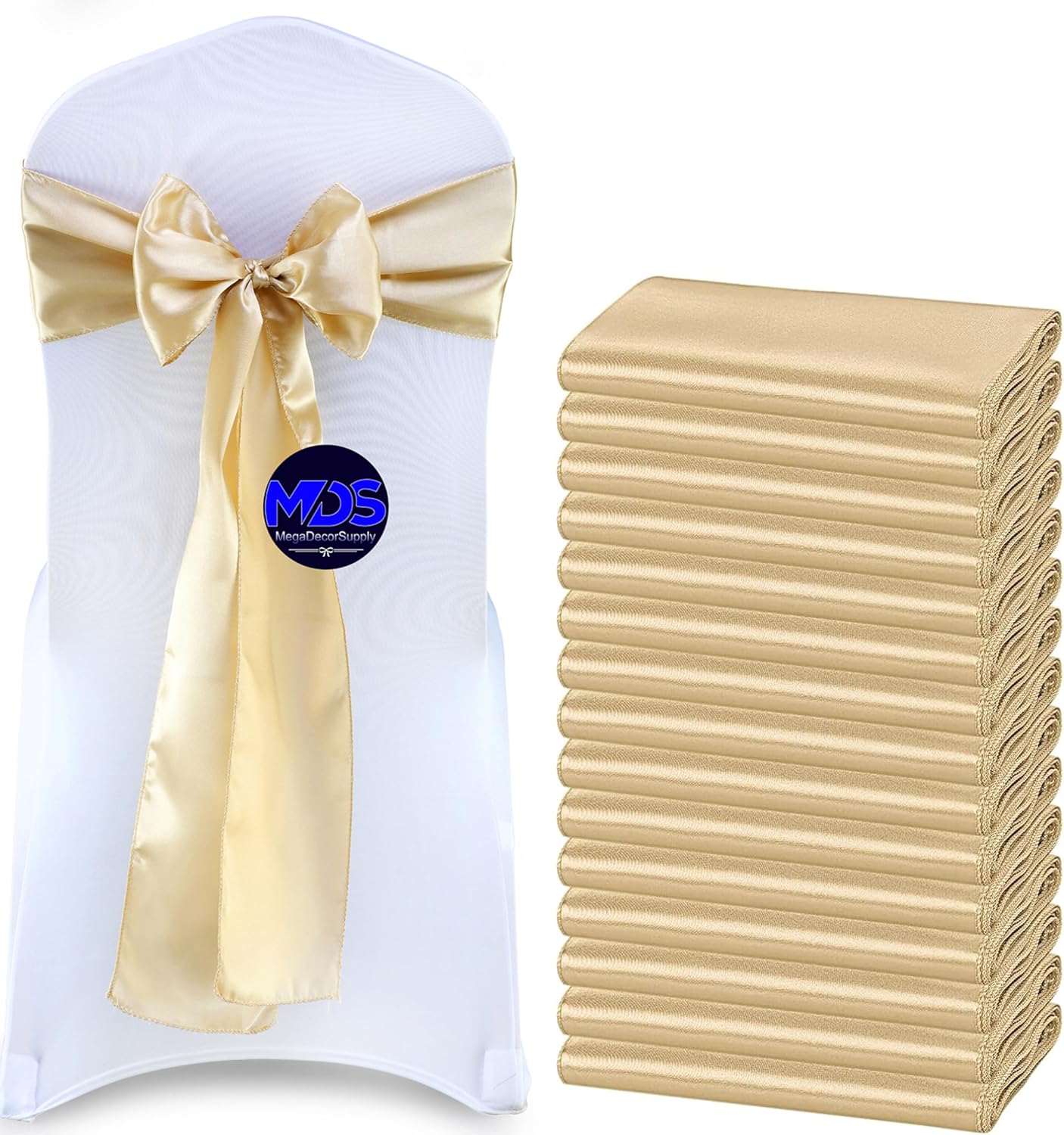 MDS Pack of 50 PCS Satin Chair Sashes Charmeuse Sateen Dining Chair Bows Ribbon Ties Back Sash for Wedding Party Birthday Home Hotel Restaurant Banquet Decoration (7 x 108 Inch, Champagne Gold)