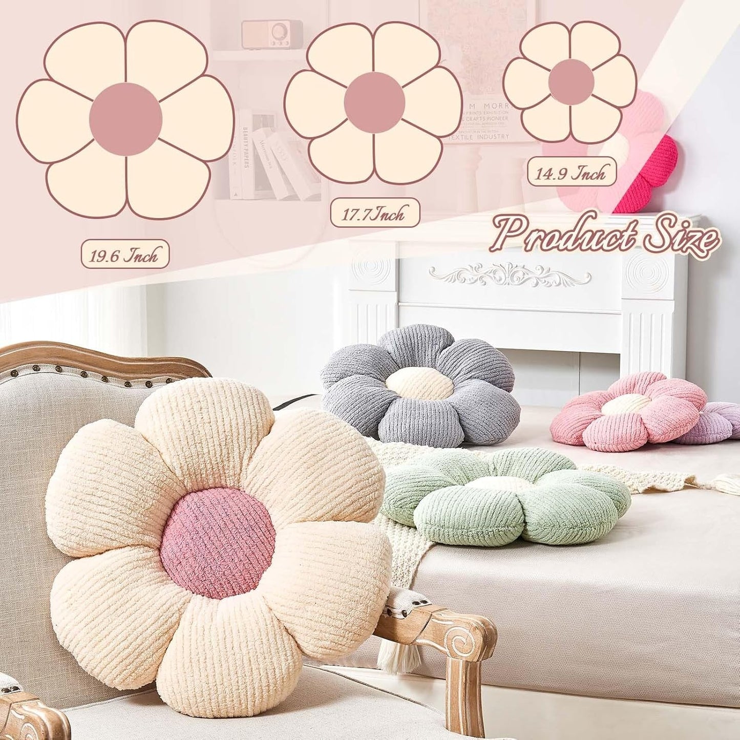 Flower Throw Pillow, Soft Light Pink 14.9" Shaped Floor Pillow for Home Decor, Cute Aesthetic Plush Decorative Pillows for Bed, Sofa, Couch