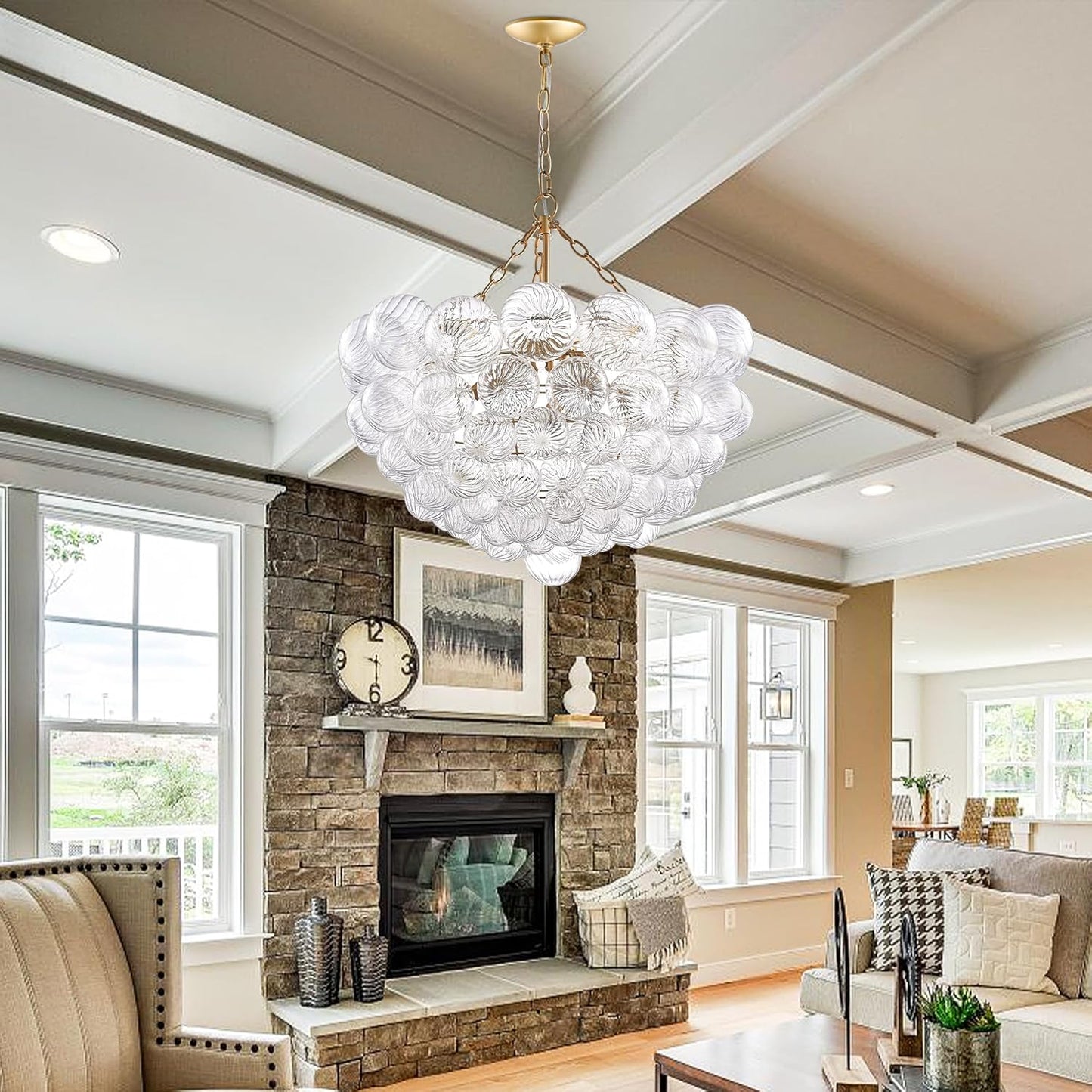 Nordic Bubble Ball Swirled Glass Chandelier, Diam 31" Gild Gold and Clear Modern Hand Blown Glass Pendant Light Fixture for Dining Room, Bedroom, Study, Restaurant, Hallway
