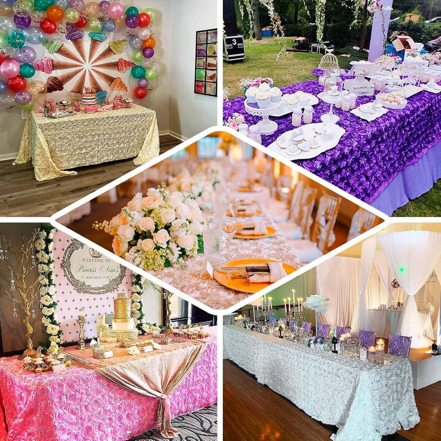 Efavormart 90"X132" Beige Grandiose 3D Rosette Satin Rectangle Tablecloth for Wedding Party Event