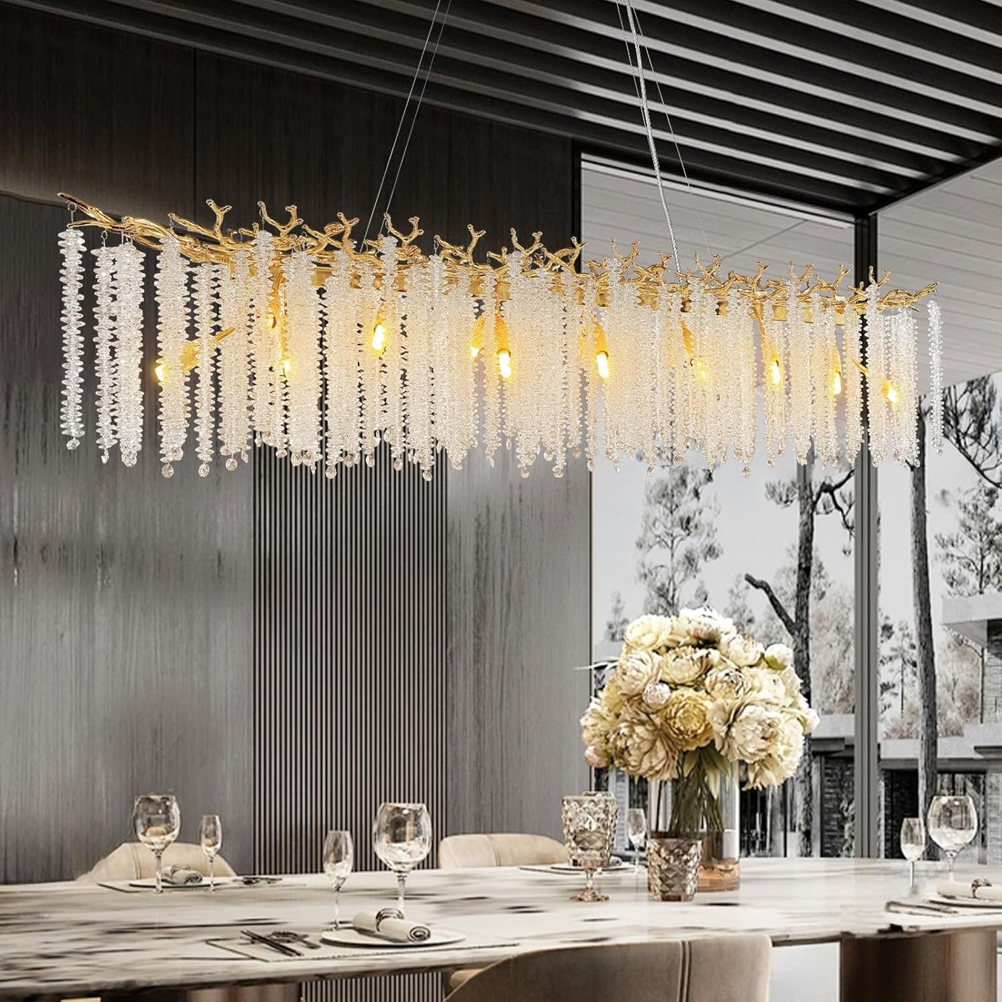 YUYI Gold Crystal Chandelier, Modern 60" Rectangular Chandeliers for Dining Room,K9 Large Luxury Flush Mount Chandelier for Foyer Living Room,Kitchen Island Hanging Light Fixture