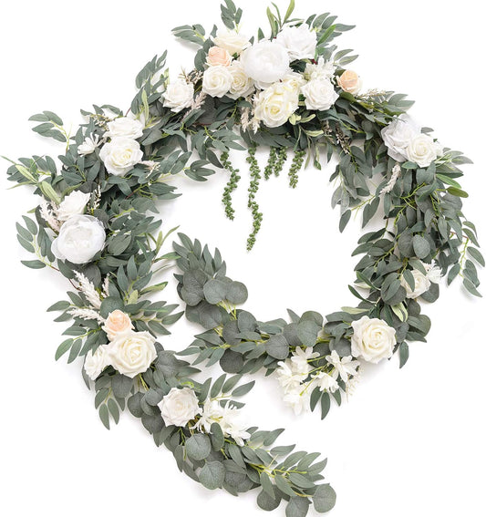 Ling's Moment 9FT Spring Flower Garland for Backdrop Decorations - Wedding Arch Flowers, Eucalyptus & Rose, Artificial Floral Garland for Mantel - Sweetheart Table Decor for Reception, White & Sage