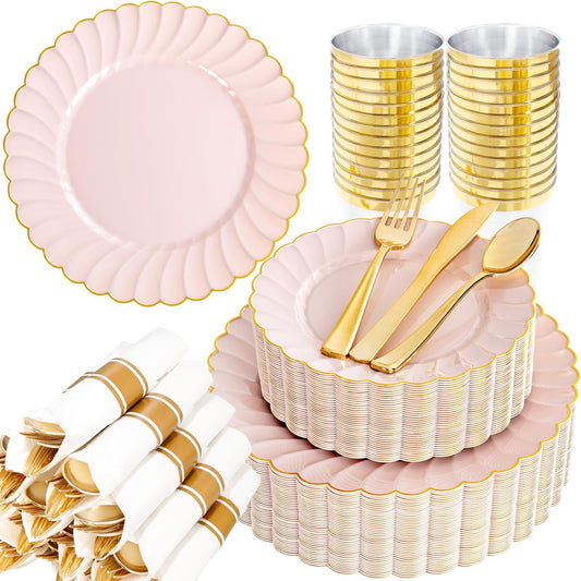 YOUBET 350PCS Pink Scalloped Plastic Plates - Pink and Gold Disposable Dinnerware Set Include 100 Plates, 150 Gold Silverware, 50 Cups, 50 Napkins for Wedding & Party