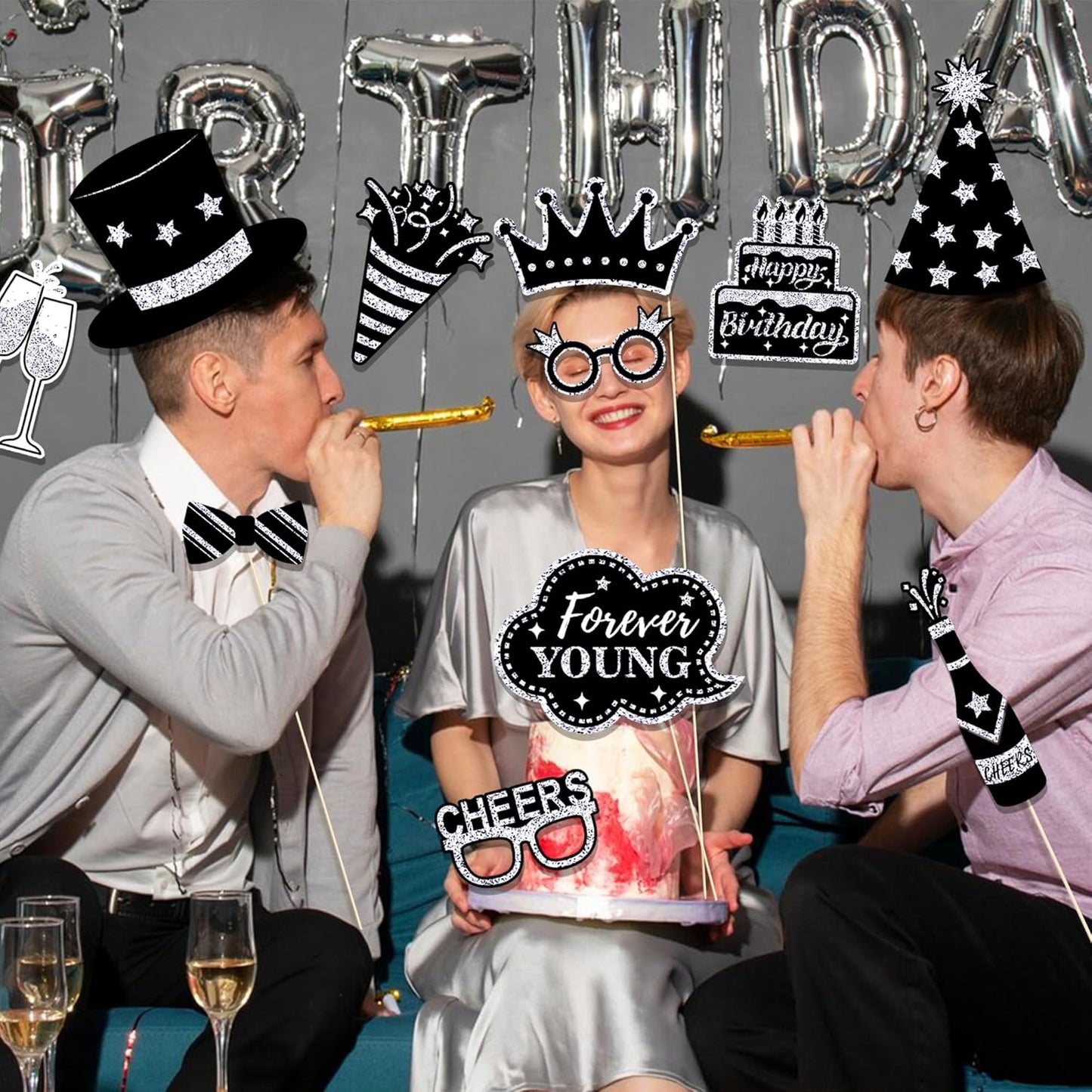36 PCS Birthday Photo Booth Props Party Supplies Holiday Picture Decorations Photo Booth Props for Birthday Party Favors Pose Sign Kit Fun for Party (Silver and Black)