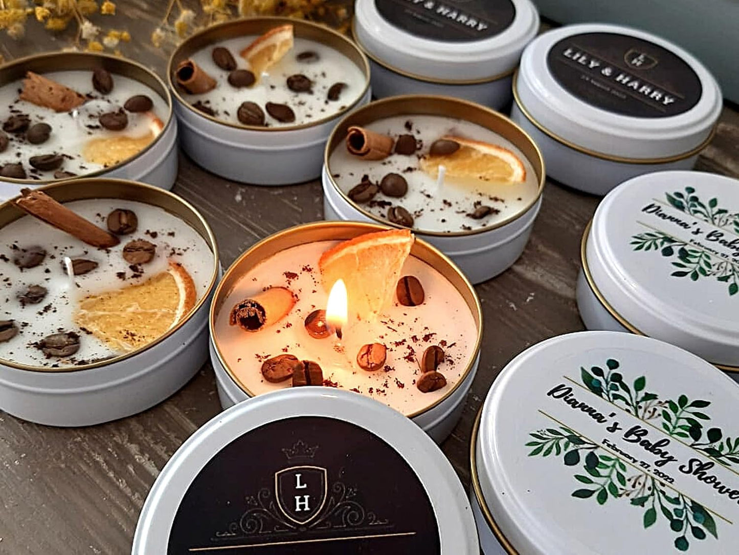 Coffee Scented Soy Wax Candle Favors with Hand-Placed Orange and Cinnamon Stick - Handmade Gift Set for Wedding Guest - Bridal Shower Baby Shower Birthday (60 Pieces)