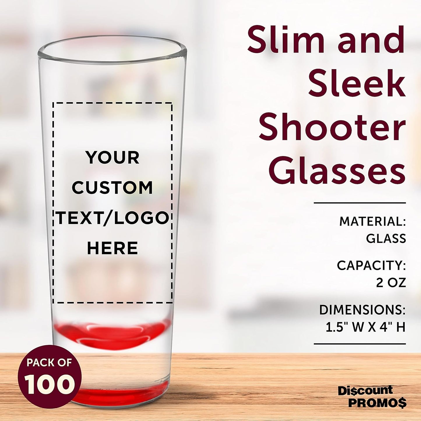 Custom Cordial Shooter Shot Glasses 2 oz. Set of 100, Personalized Bulk Pack - Great for Birthdays, Parties, Indoor & Outdoor Events - Red