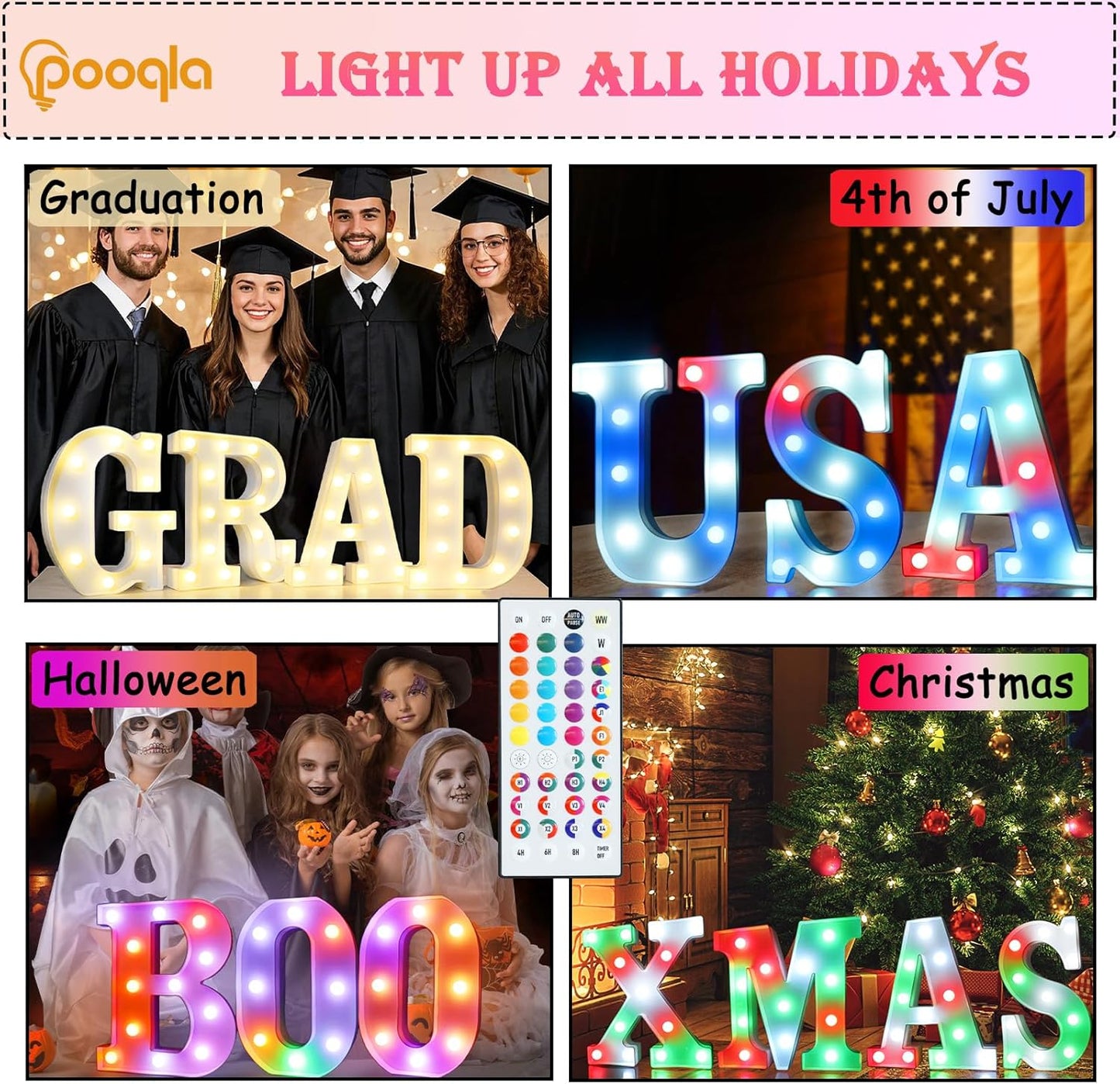 Pooqla Colorful Light Up Letters with Remote, Upgraded 35 Colors LED Marquee Letters, RGB Lighted Letter for Girls Teenager Gift, Birthday, Party, Wedding, Night Light, Room, Bedroom Decor, Letter C