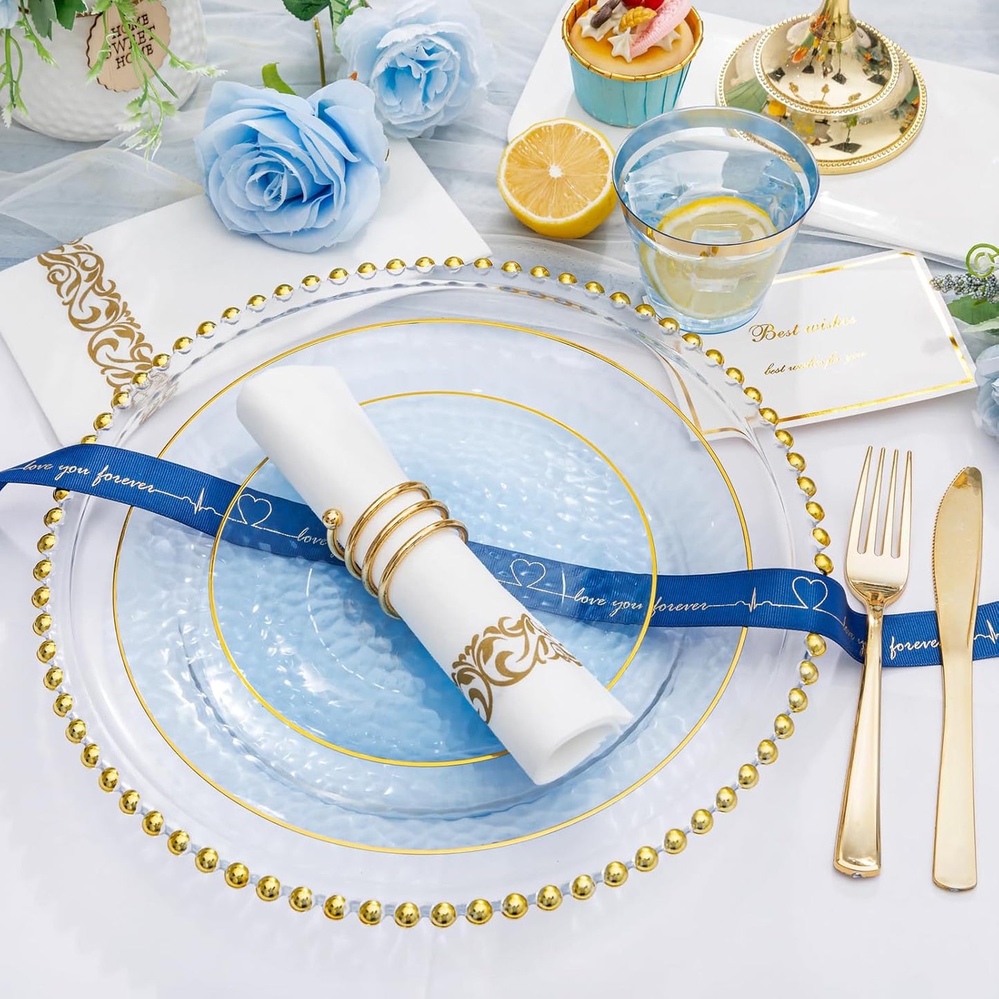 Rubtlamp 350 Pcs Clear Blue Plastic Plates, Blue Gold Plastic Dinnerware Set (50 Guests), Blue Disposable Plates With Gold Rim, Hammered Party Plates Set for Christmas Wedding And Party