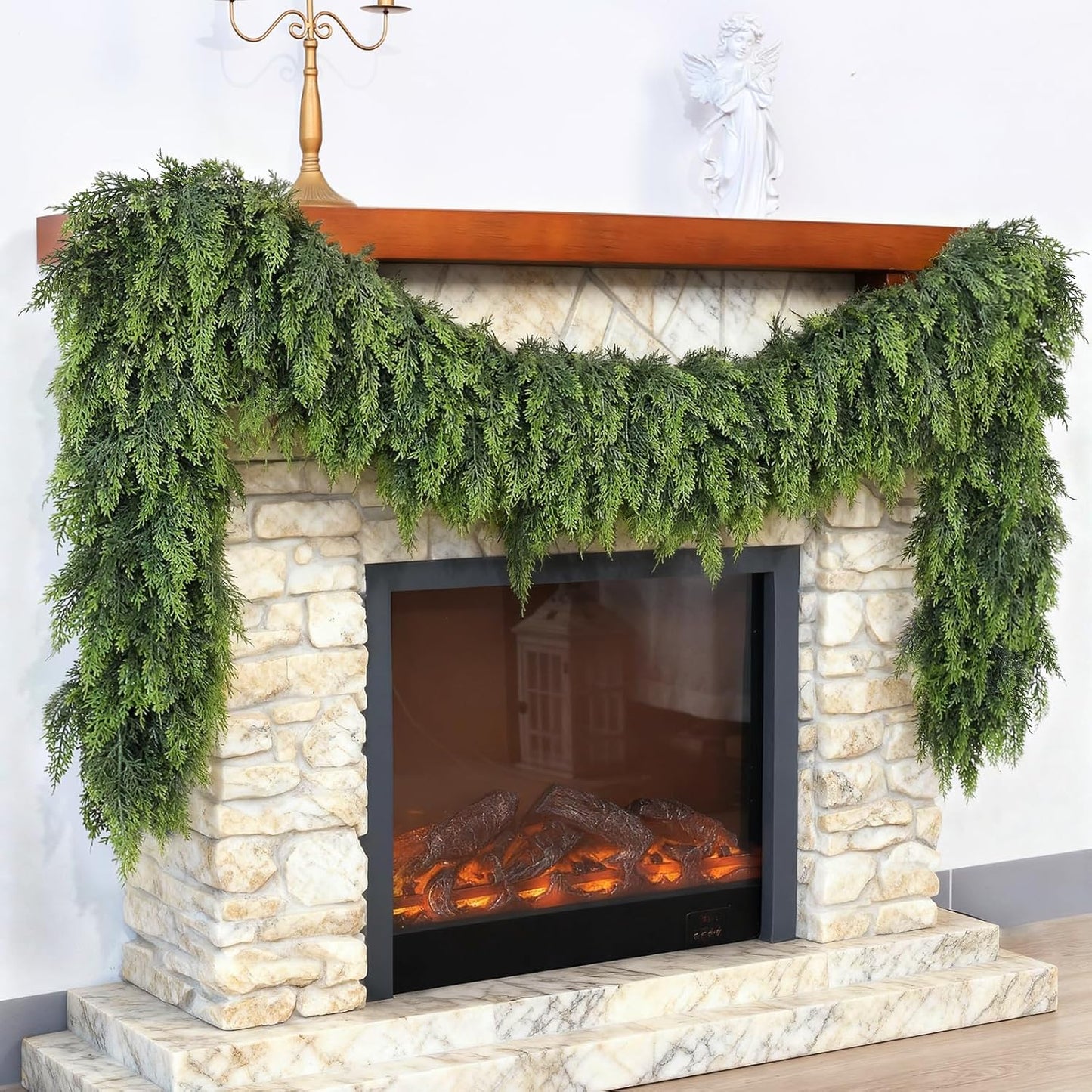 Christmas Cedar Garland - 9ft Artificial Cedar Garland Faux Lush Green Fake Pine Needles for Fireplace,Table,Window,Stairs,Mante,Holiday Indoor Outdoor Xmas Decor(1PCS)