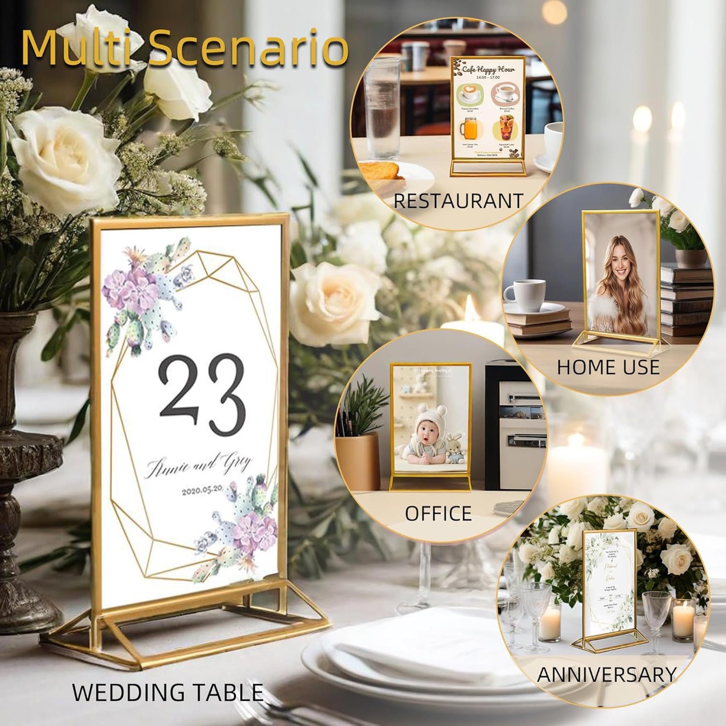 6 Pack Acrylic Sign Holder 5x7" Photo Frames, Double-sided Clear Menu Holder Gold Picture Frames for Wedding Table Numbers, Table Top Display Sign Stand Plastic Flyer Holder Vertical Paper Holder