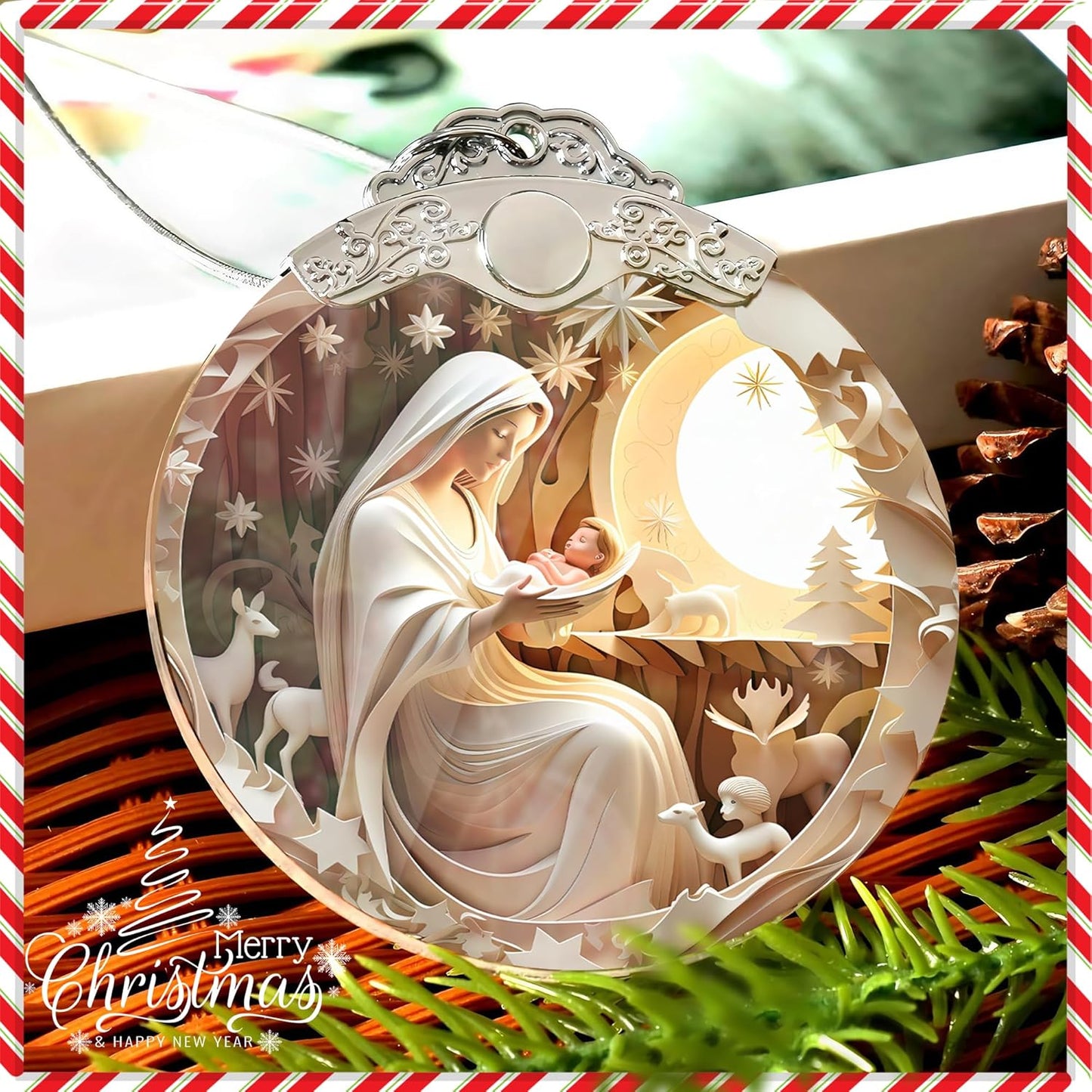 Christmas Ornament, White Nativity Design, Religious Christmas Ornament, Hanging Ornament, Acrylic, 2023, 4 INCH, for Holiday Party