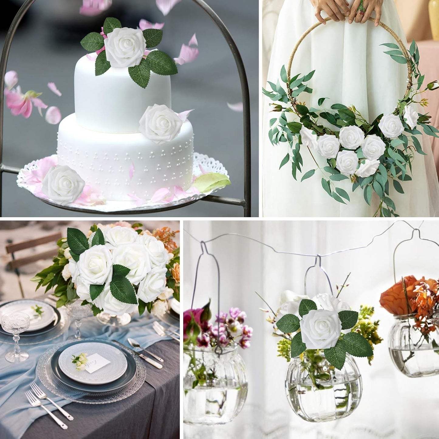 AmyHomie Artificial Flower White Rose 25pcs Real Looking Fake Roses w/Stem for DIY Wedding Bouquets Centerpieces Arrangements Party Baby Shower Home Decorations