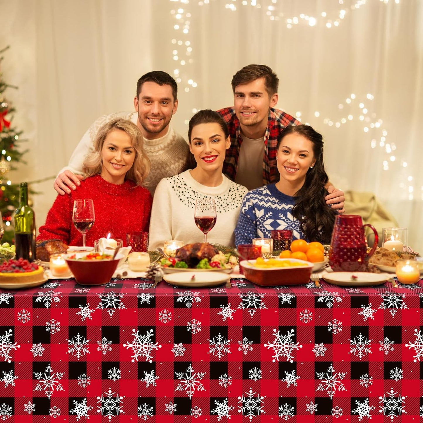 1 Pieces Red and Black Buffalo Plaid Merry Christmas Party Tablecloth Decorations,Plastic White Snowflake Buffalo Plaid Sign Table Cover for Winter Christmas Holiday Party Supplies,54x108 inch