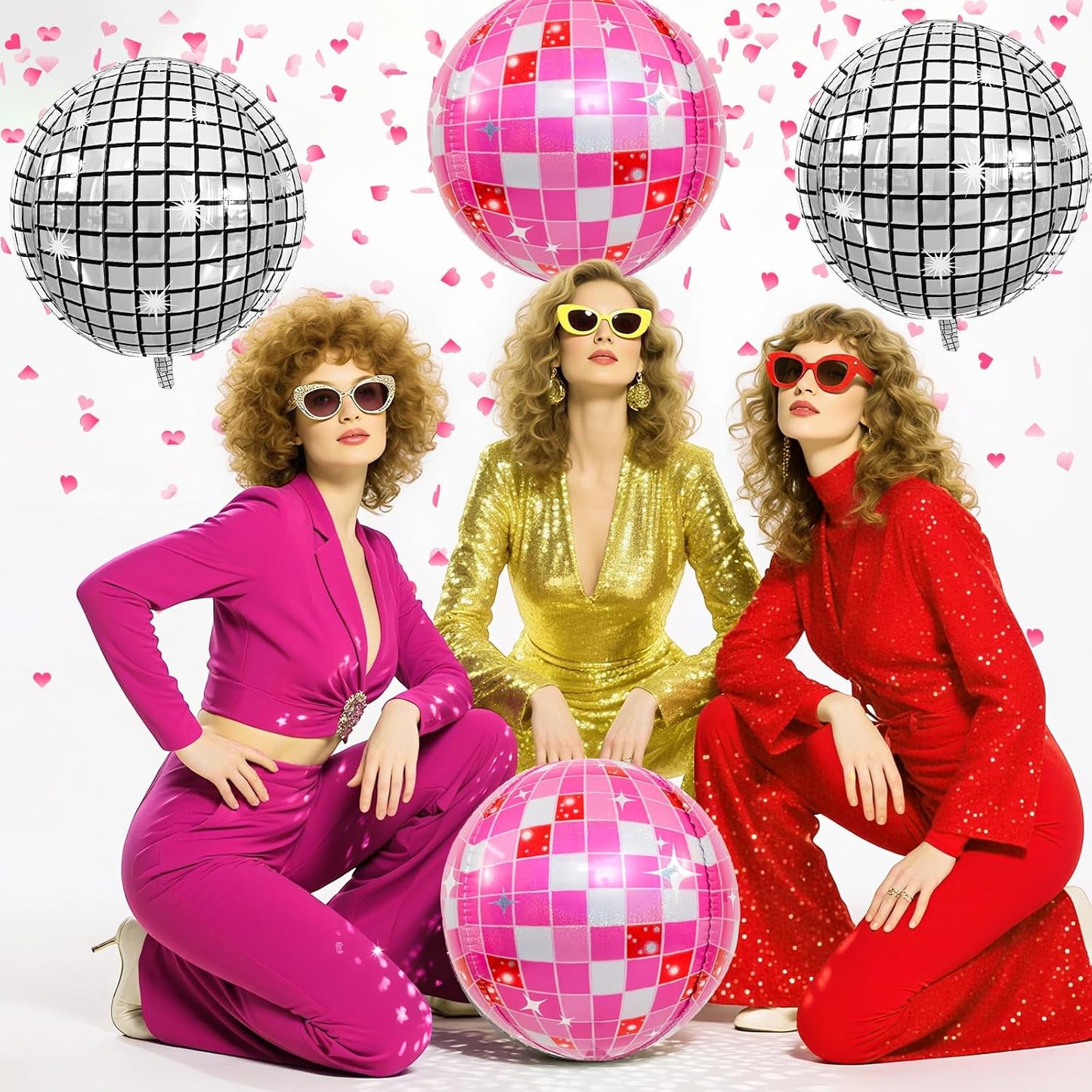 Disco Ball Balloons Pink Silver 4PC,Foil Disco Balloons 22 Inch 4D Round Pink Silver Balloon for 70s 80s Birthday Bachelorette Graduation Decorations