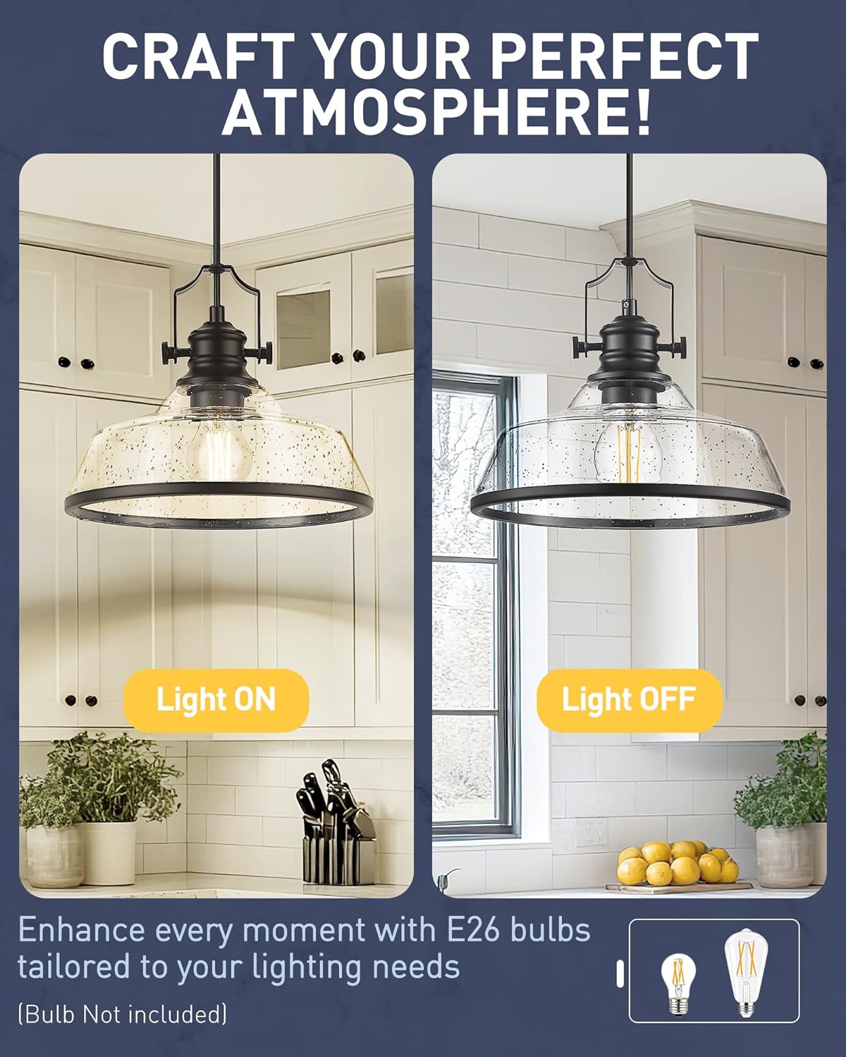 kudos 2 Pack Pendant Lights Kitchen Island, 11" Black Kitchen Island Lighting with Seeded Glass Shade, Farmhouse Large Hanging Light Fixture for Kitchen Sink Dining Room, KDPL13-BK-S-2PK
