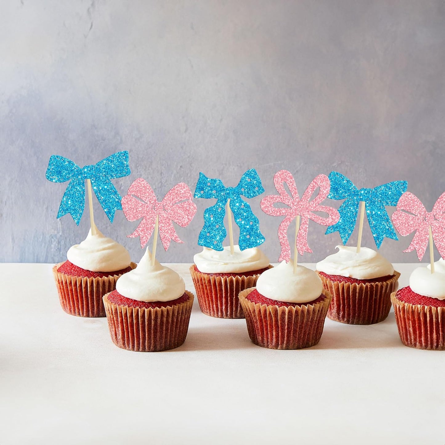 Ephlyn 24Pcs Pink Bow Cupcake Toppers Bow Birthday Cake Topper Girls Birthday Party Decorations Bowknot Cupcake Decorations for Bridal Baby Shower Birthday Wedding Themed Party Pink Blue