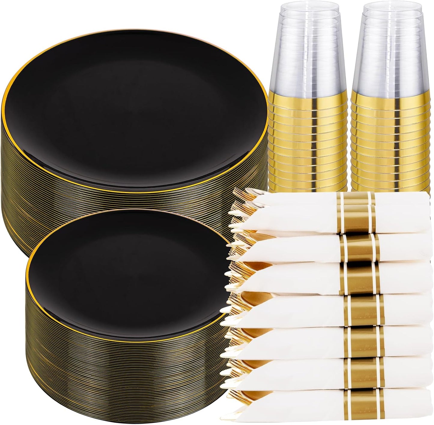 KIRE 350 PCS Plastic Dinnerware Set for 50 Guests - Black and Gold Plates 50 for Dinner 50 for Dessert & 50 Pre Rolled Napkins with Disposable Silverware 50 Cups for Halloween Party/Banquet/Wedding
