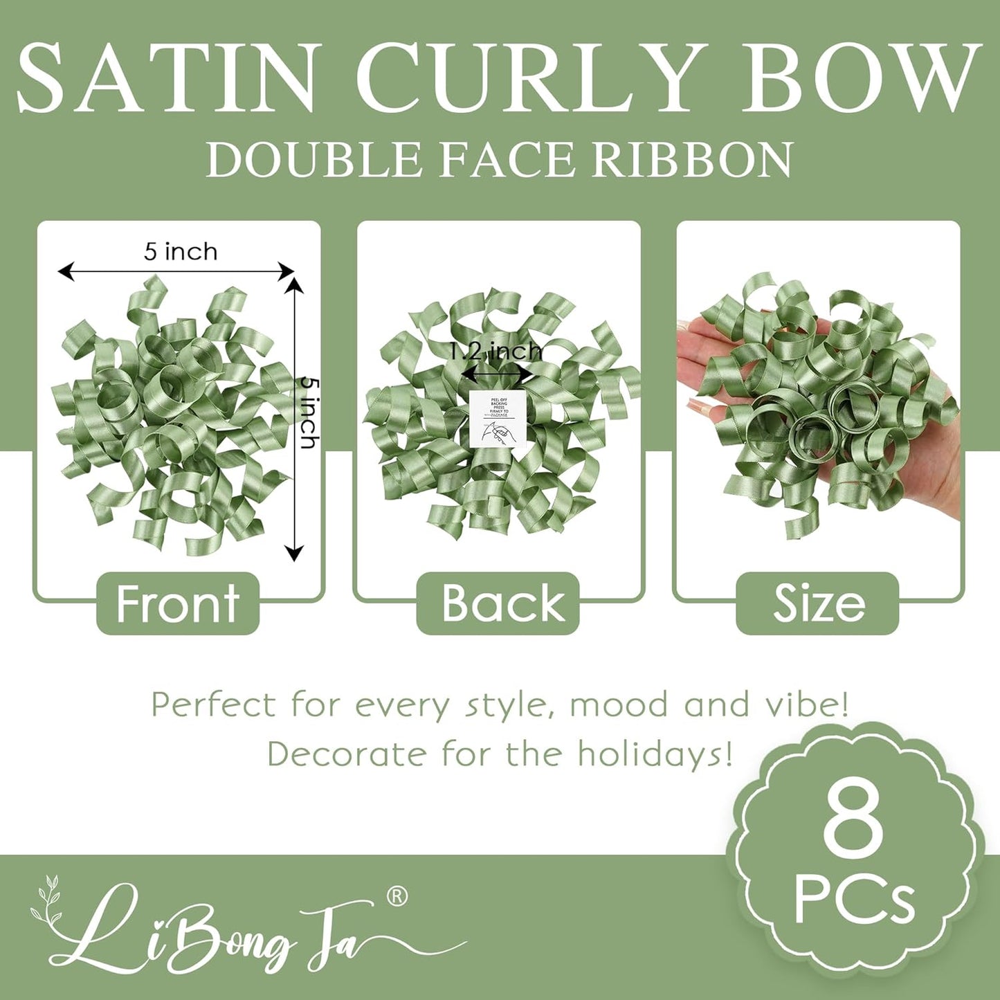 5'' Sage Green Bows Curly Ribbon Bows for Gift Wrapping, Satin Bows with Double-Sided Tape, Self Adhesive Bows for Party, Wedding, Birthday Decor, Premade Bows for Crafts, Wine Glasses-8 PCs