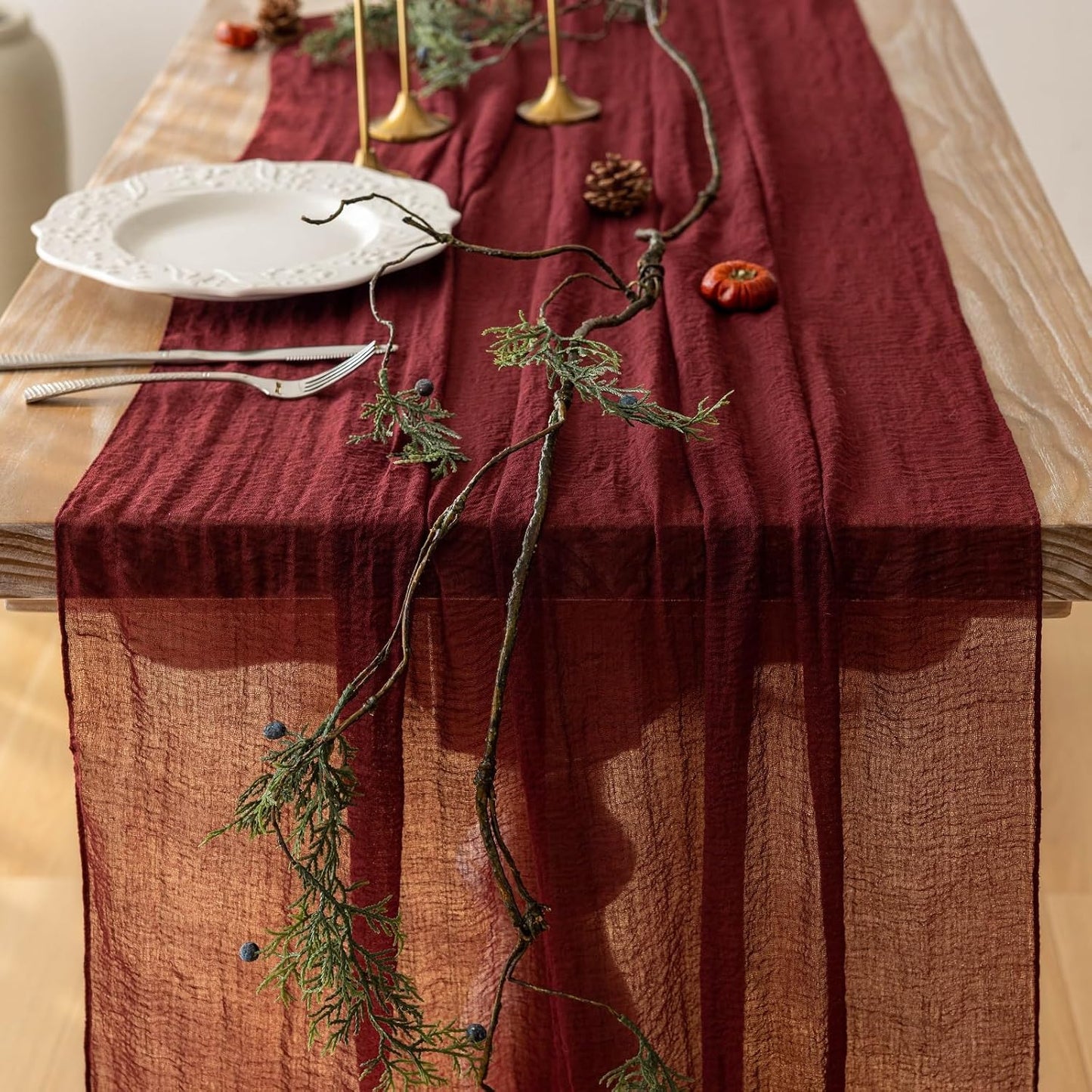 3pcs Burgundy Cheesecloth Table Runner Gauze 120 Inch 10 FT Rustic Boho Cheese Cloth Runner for Wedding Baby Shower Bridal Shower Engagement Birthday Party Long Sheer Home Decorations
