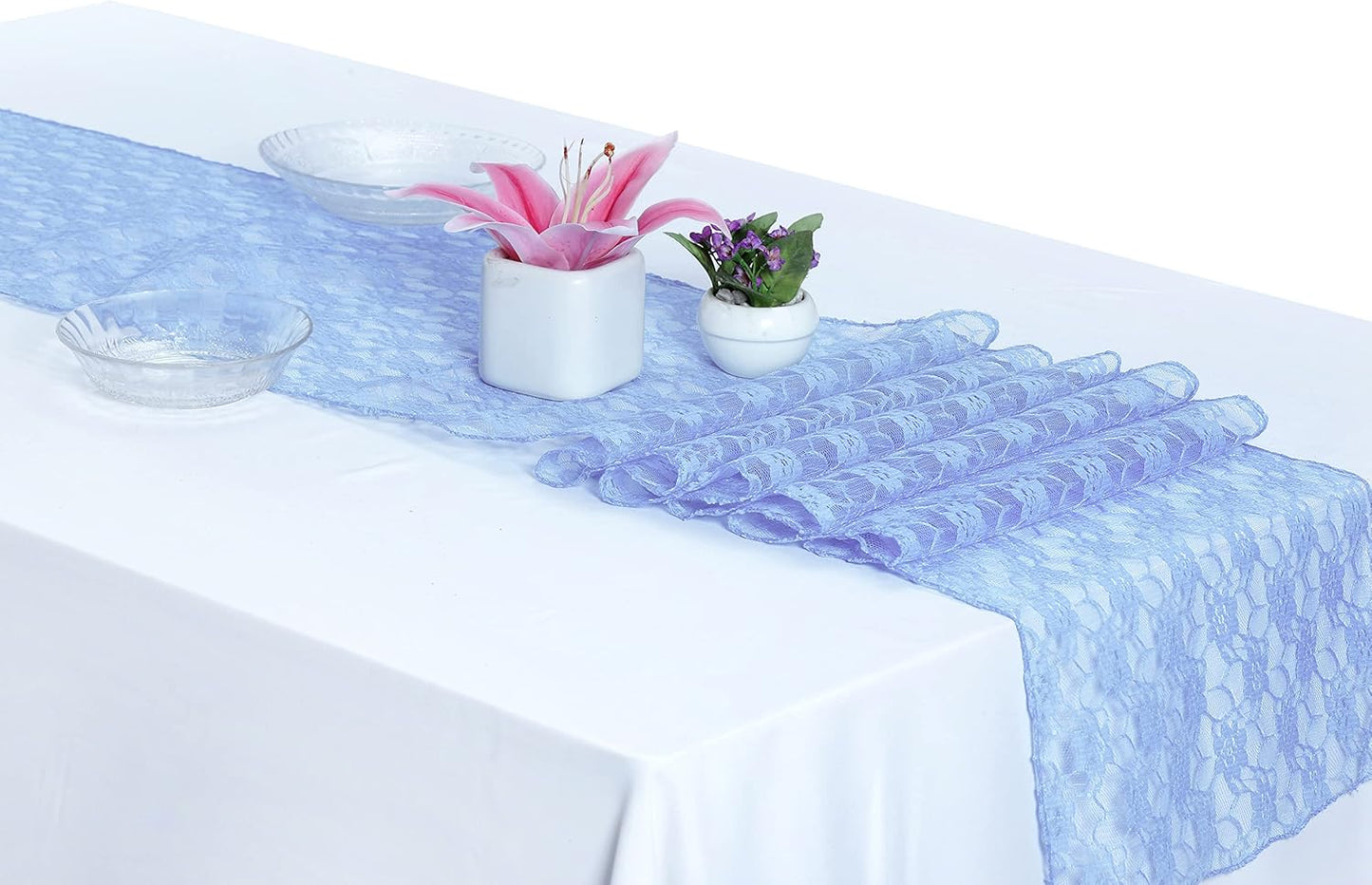 MDS Pack of 15 Wedding 12 x 108 inches Lace Table Runner for Wedding, Decorations for Birthday Parties, Banquets, Graduations, Engagements, and Runners fit Rectangle, Round Table- Baby Blue