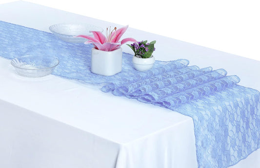 MDS Pack of 10 Wedding 12 x 108 inches Lace Table Runner for Wedding, Decorations for Birthday Parties, Banquets, Graduations, Engagements, and Runners fit Rectangle, Round Table- Baby Blue