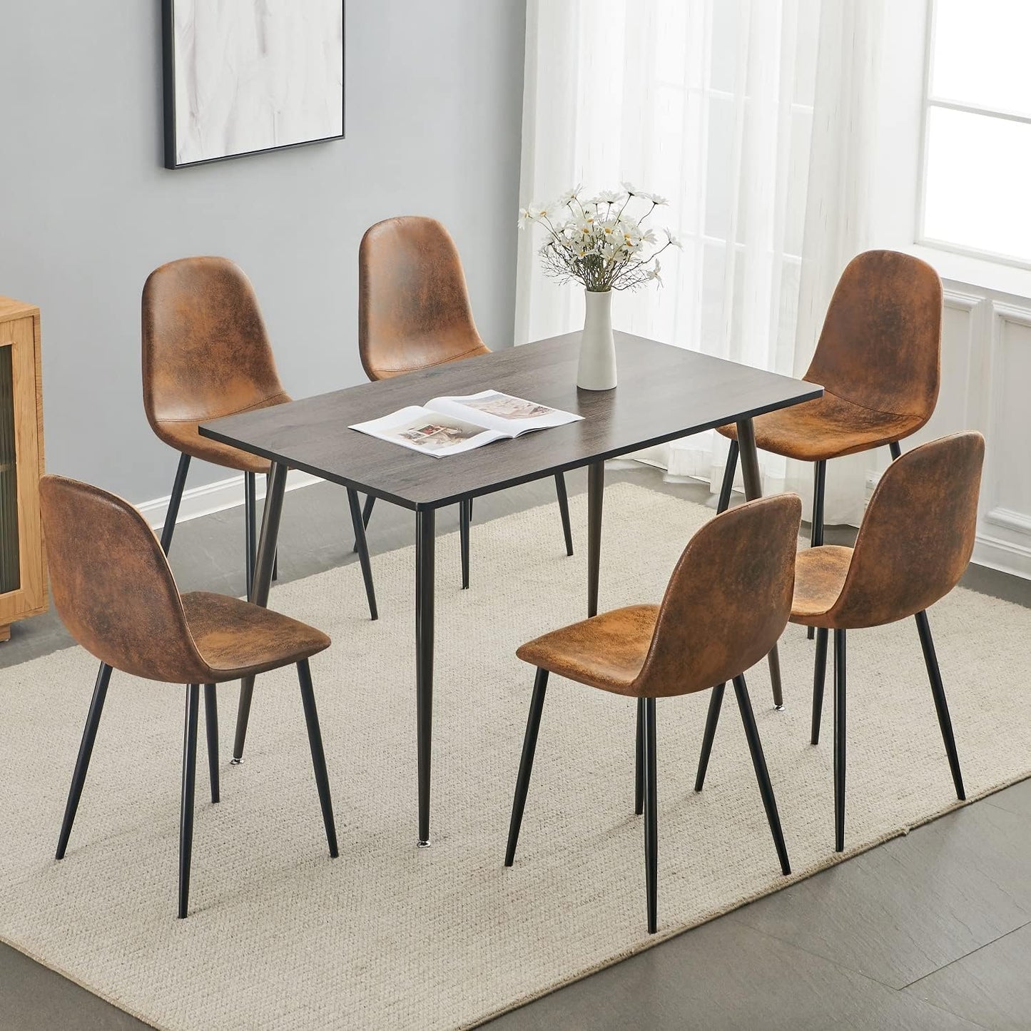 Homy Casa Dining Chairs Set of 6, Modern Mid-Century Style Dining Room Side Chairs Accent Chairs with Black Metal Legs Comfortable for Kitchen Lounge Farmhouse, Rustic Brown, 6PCS